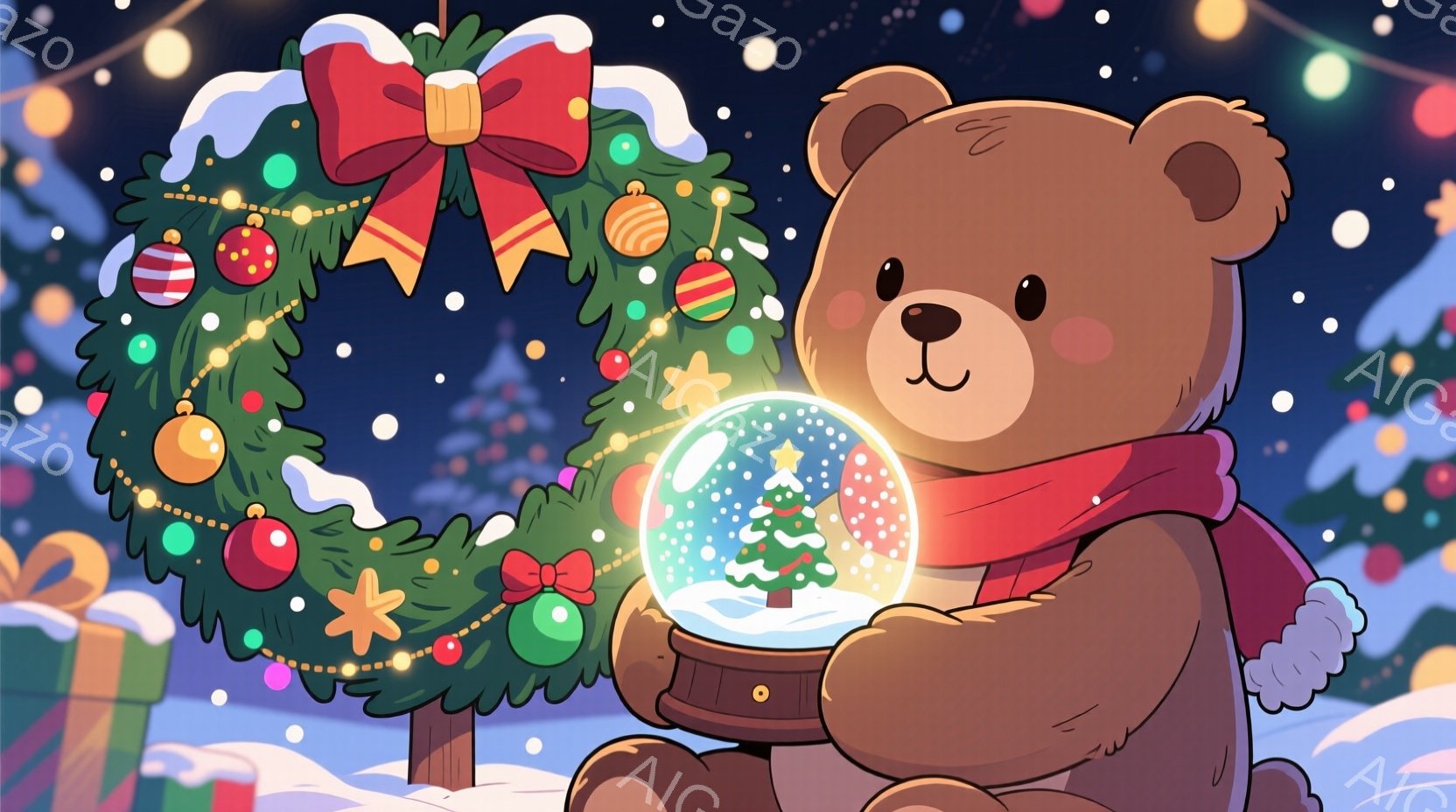 茶色のテディベアが雪の中で輝くクリスマスの飾りを抱えています。テディベアは赤いスカーフと白い手袋を身に着けており、優しい笑顔を浮かべています。背景には、装飾されたクリスマスリースやプレゼント、そして雪が降る夜空が描かれ、温かく幻想的な雰囲気を醸し出しています。