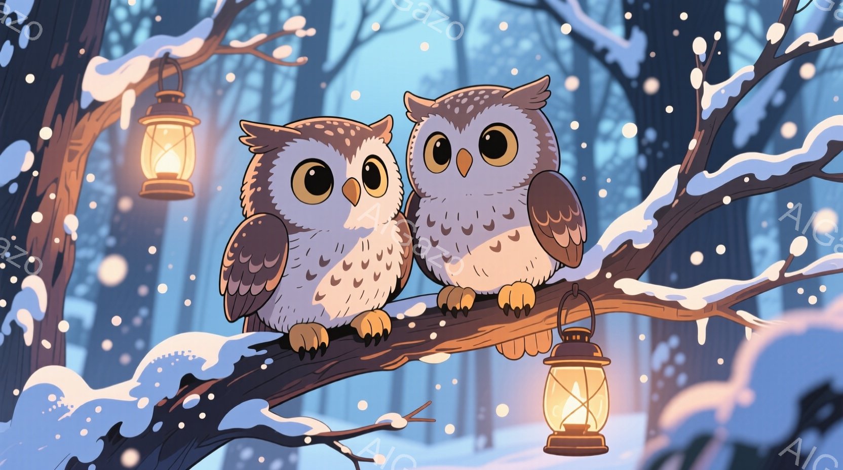 雪が降り積もる冬の森の中で、二羽のフクロウが木の枝にとまっています。フクロウたちは丸い目と愛らしい表情で、寄り添うように座っています。背景には雪景色が広がり、ランタンが温かい光を灯し、穏やかで幻想的な - AI生成フリー素材