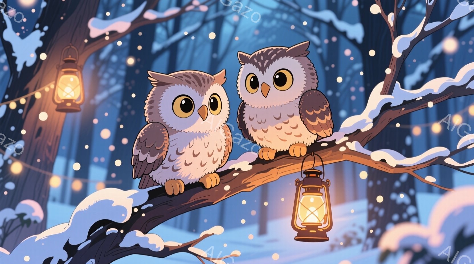 雪が舞う森の中で、二羽のフクロウが雪に覆われた木の枝に並んで座っています。どちらも丸い目をしており、可愛らしい表情をしています。背景には、ぼんやりと光るランタンがいくつか吊るされ、幻想的な冬の雰囲気を - AI生成フリー素材