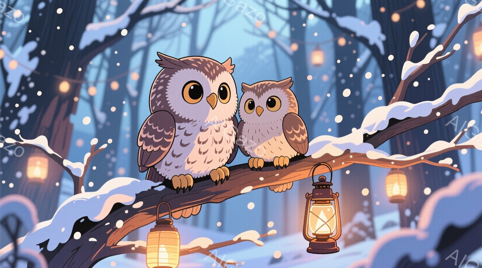 雪が降る森の中で、大きなフクロウと小さなフクロウが雪に覆われた枝に並んで座っています。二羽は丸い目で前を見つめ、温かい雰囲気を醸し出しています。背景には、ぼんやりと光るランタンが並び、冬の静かで幻想的 - AI生成フリー素材
