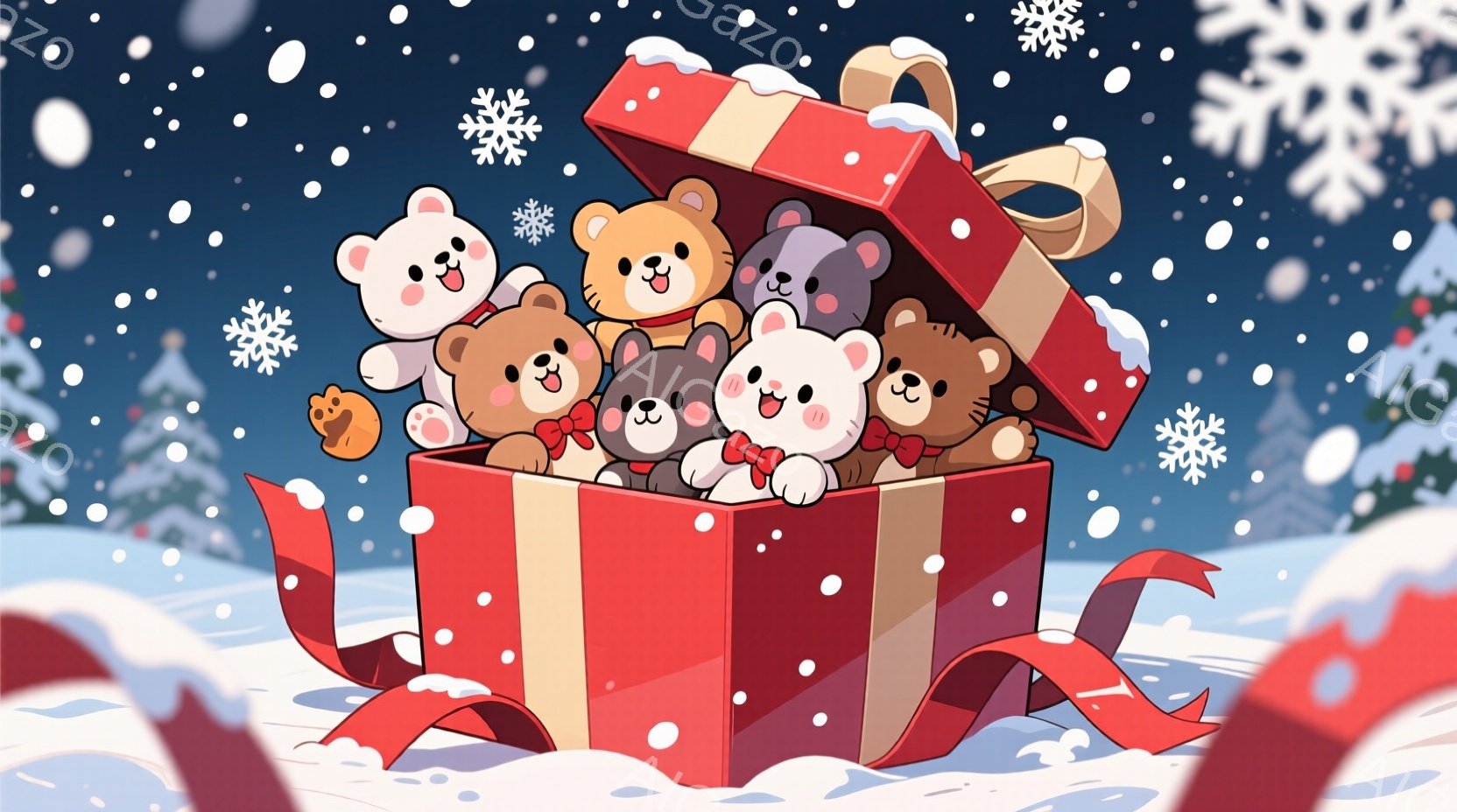 温かい光に包まれたリビングで、テディベアがロッキングホースに乗って楽しんでいます。テディベアはサンタの帽子と赤いマントを身に着け、クリスマスの装飾で彩られた暖炉とプレゼントに囲まれ、幸せそうな表情をし - AI生成フリー素材