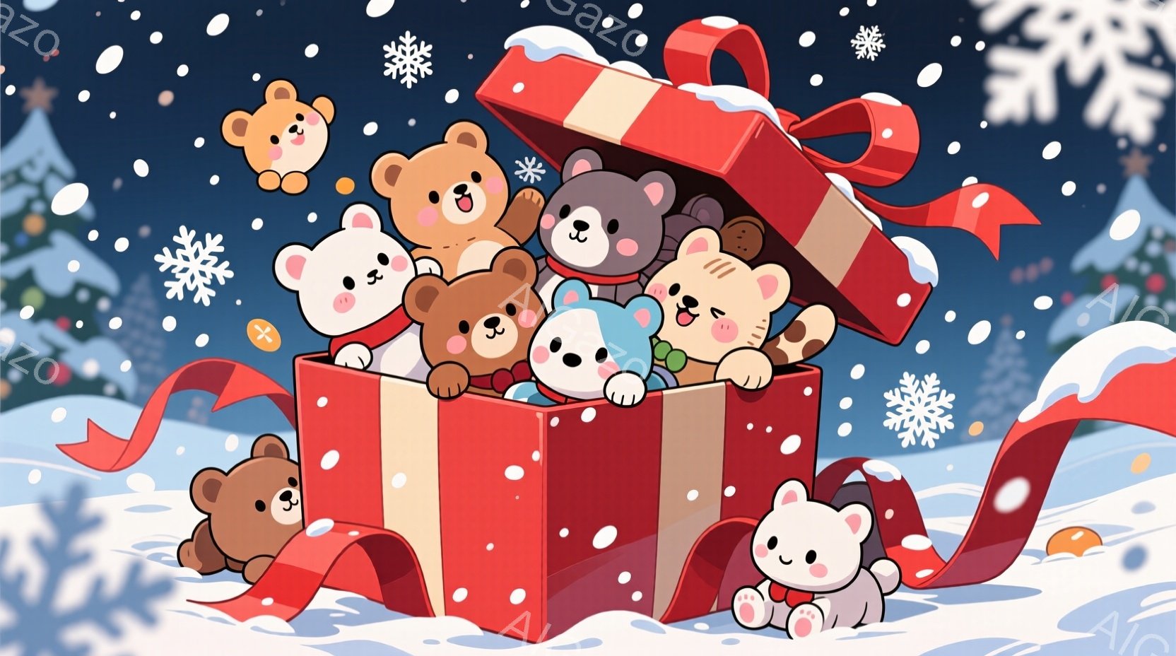 赤いリボンで結ばれた大きなプレゼントボックスから、様々な色の可愛らしいクマたちが顔を出しています。クマたちはそれぞれ異なる表情で楽しそうにしており、雪が降る冬の背景に暖かく優しい雰囲気を添えています。背景には雪の積もった木々があり、全体的にクリスマスの喜びと幸福感を表しています。
