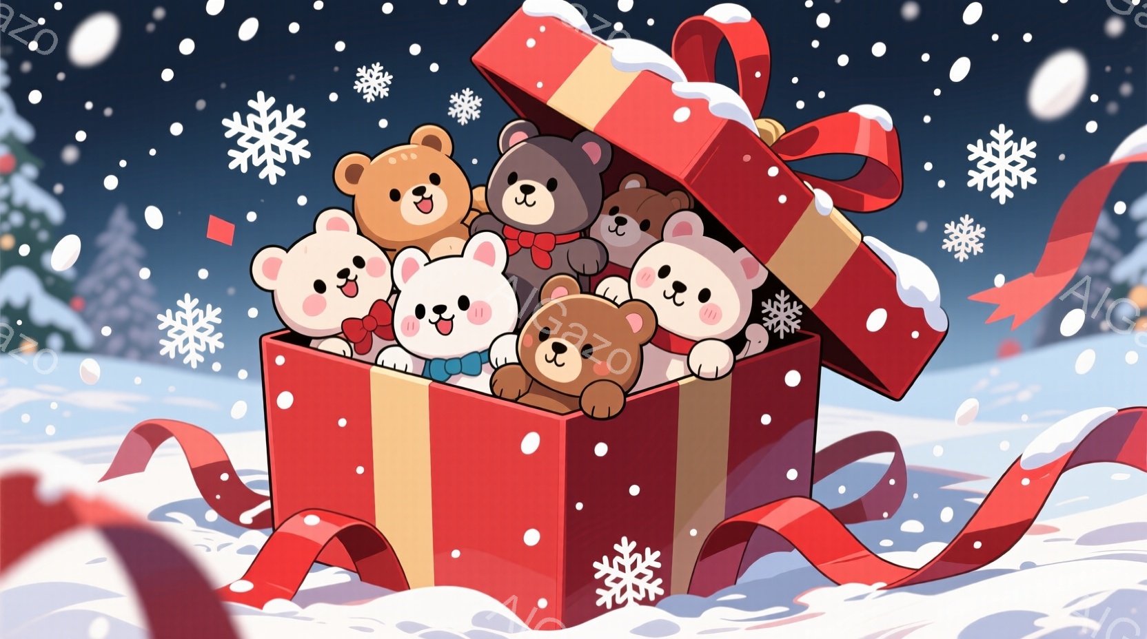 赤いリボンで結ばれた大きなギフトボックスから、様々な色の可愛らしいクマのぬいぐるみが顔を出しています。クマたちはそれぞれ異なる表情で、嬉しそうにこちらを見ており、中には少し恥ずかしそうに顔を隠す子もいます。背景は雪が降り積もる白く輝く風景で、クリスマスの穏やかで温かい雰囲気を醸し出しています。