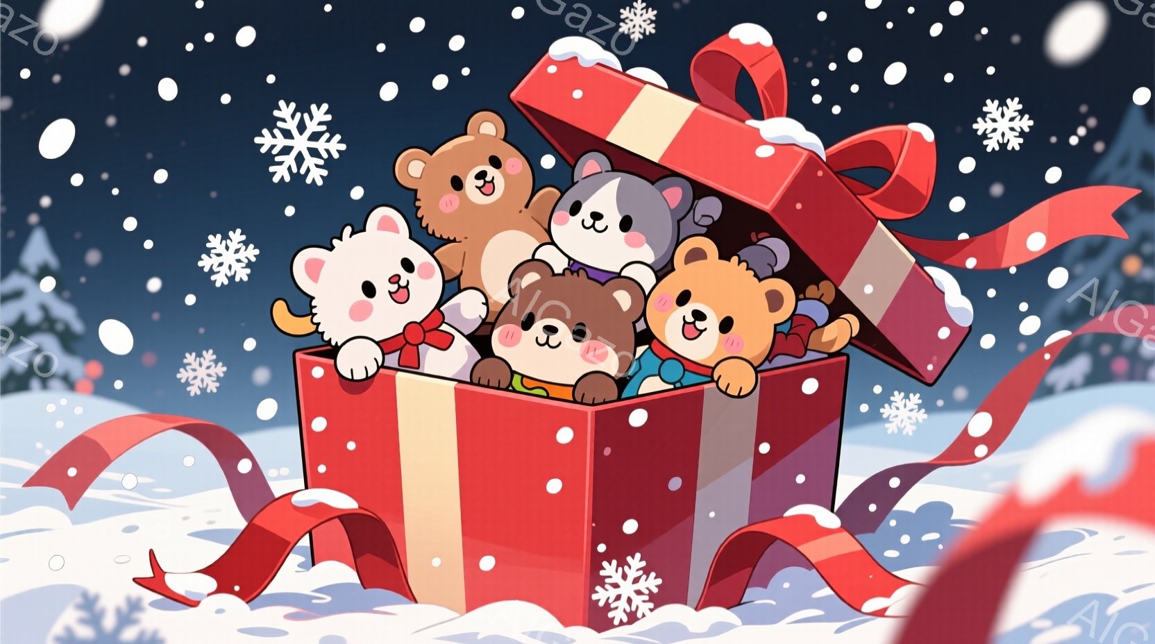 赤いギフトボックスの中から、様々な色のクマのぬいぐるみが顔を覗かせています。クマたちはそれぞれ異なる表情で、楽しそうな様子が伺えます。背景は雪景色で、雪片が舞い、クリスマスの暖かく幸せな雰囲気を醸し出 - AI生成フリー素材