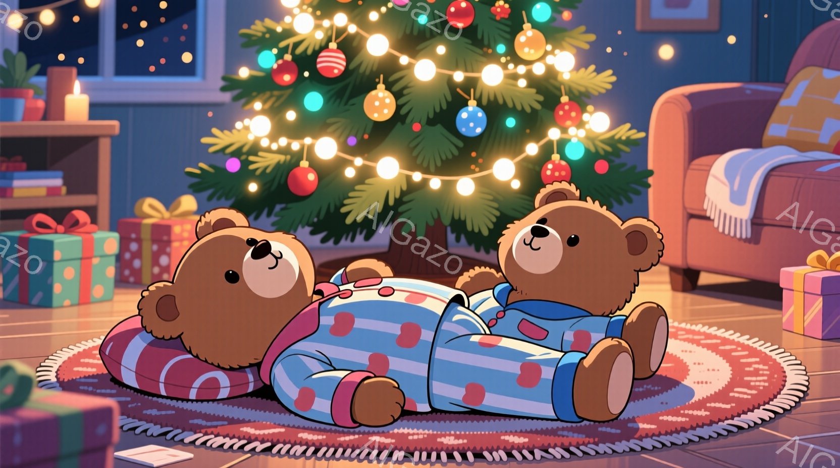暖炉のあるリビングルームで、2匹のテディベアがパジャマ姿で円形の赤い絨毯の上に横たわっています。クリスマスツリーが暖かく光り、プレゼントが周囲に置かれています。全体的に、温かく、居心地の良い、クリスマ - AI生成フリー素材
