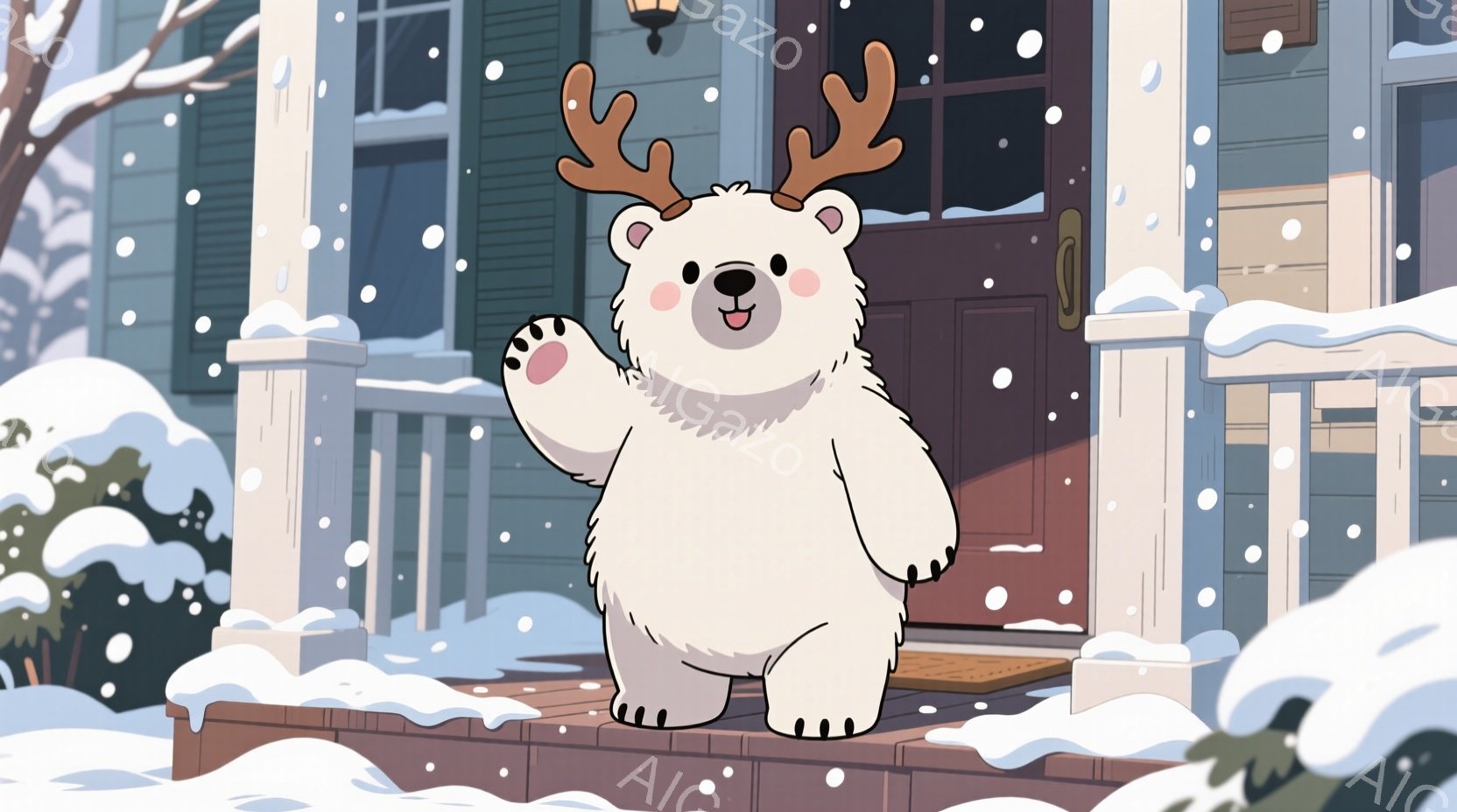 白い熊のキャラクターが、角が生えていて、家のポーチで片手を上げています。背景には雪が降り積もった家と庭があり、冬の穏やかな雰囲気を醸し出しています。キャラクターは笑顔で、暖かく可愛らしい印象を与えます。