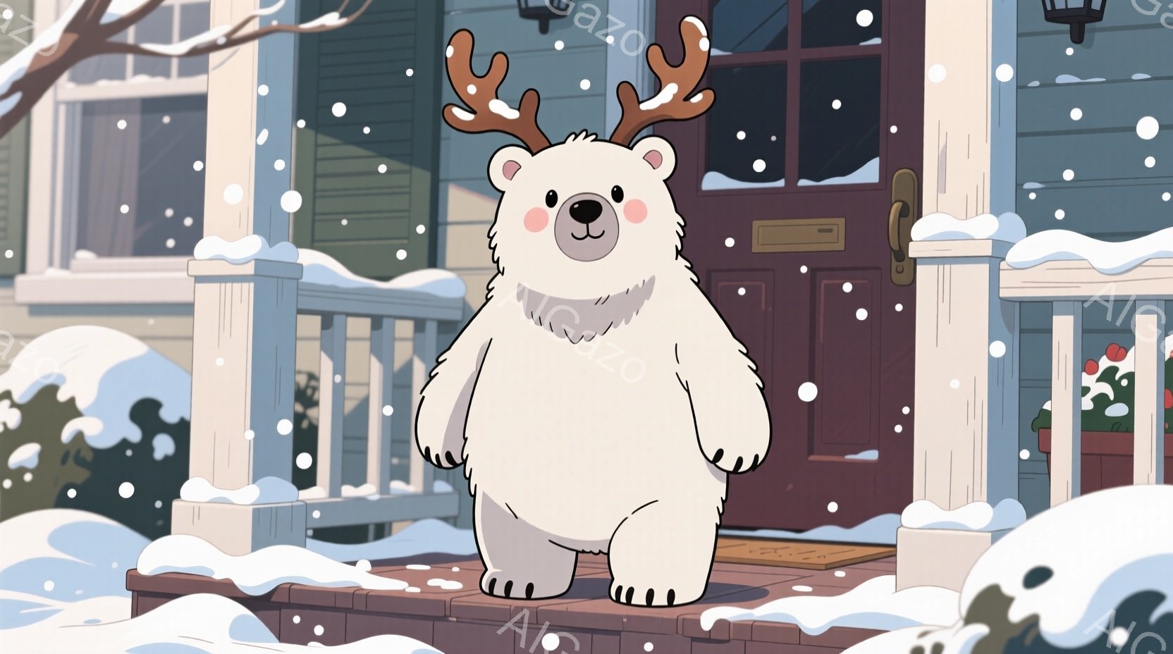 白い熊が、小さな角が生えており、玄関の段差に立っています。雪が降り積もり、背景には可愛らしい家の外観が見え、全体的に冬の暖かく穏やかな雰囲気が漂っています。熊は正面を見据え、愛らしい表情で、何とも言えない可愛らしさを放っています。