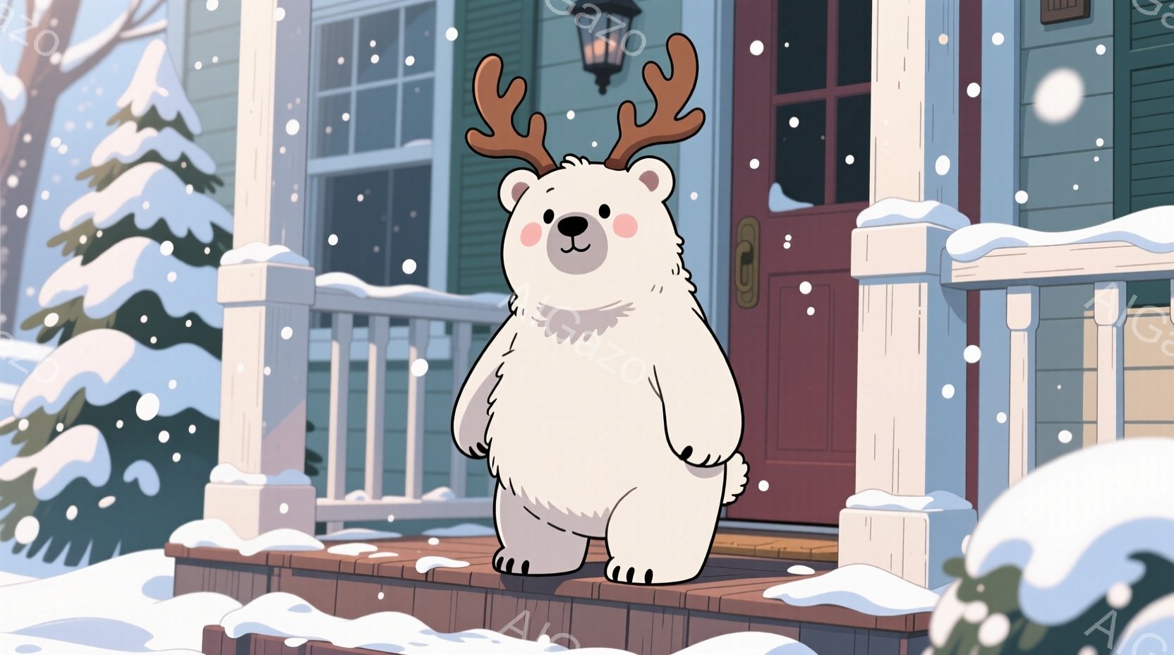 白い熊が、角を生やして家の玄関の階段に立っています。雪が降っており、背景には緑の木々と可愛らしい家が見えます。全体的に温かく、少しユーモラスな冬の雰囲気です。
