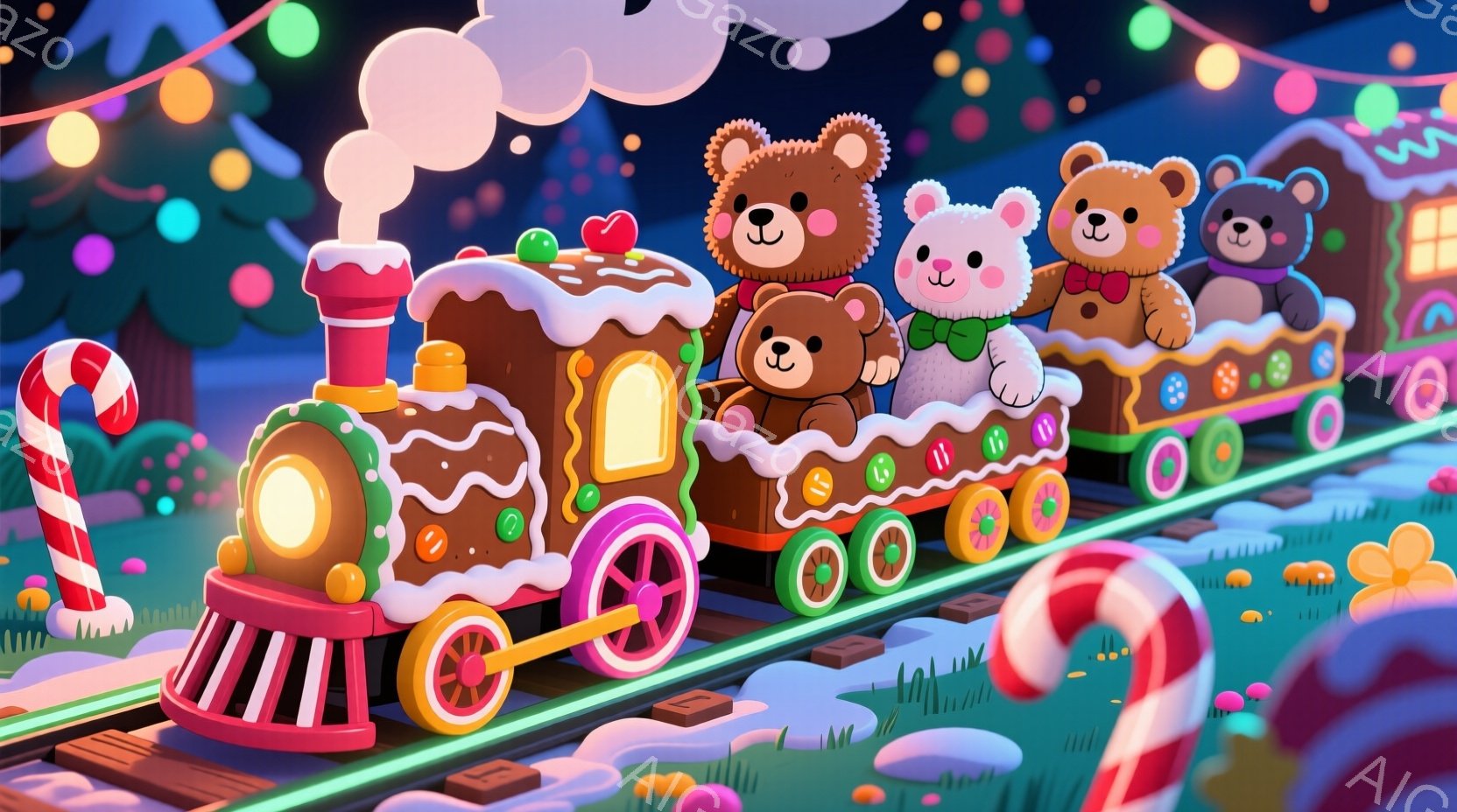 暖かく遊び心のある風景で、クマのぬいぐるみたちが、キャンディーやクッキーで飾られた列車に乗って進んでいます。列車はチョコレート色で、縁には雪のように白いクリームが施され、車輪は赤と白のストライプです。 - AI生成フリー素材