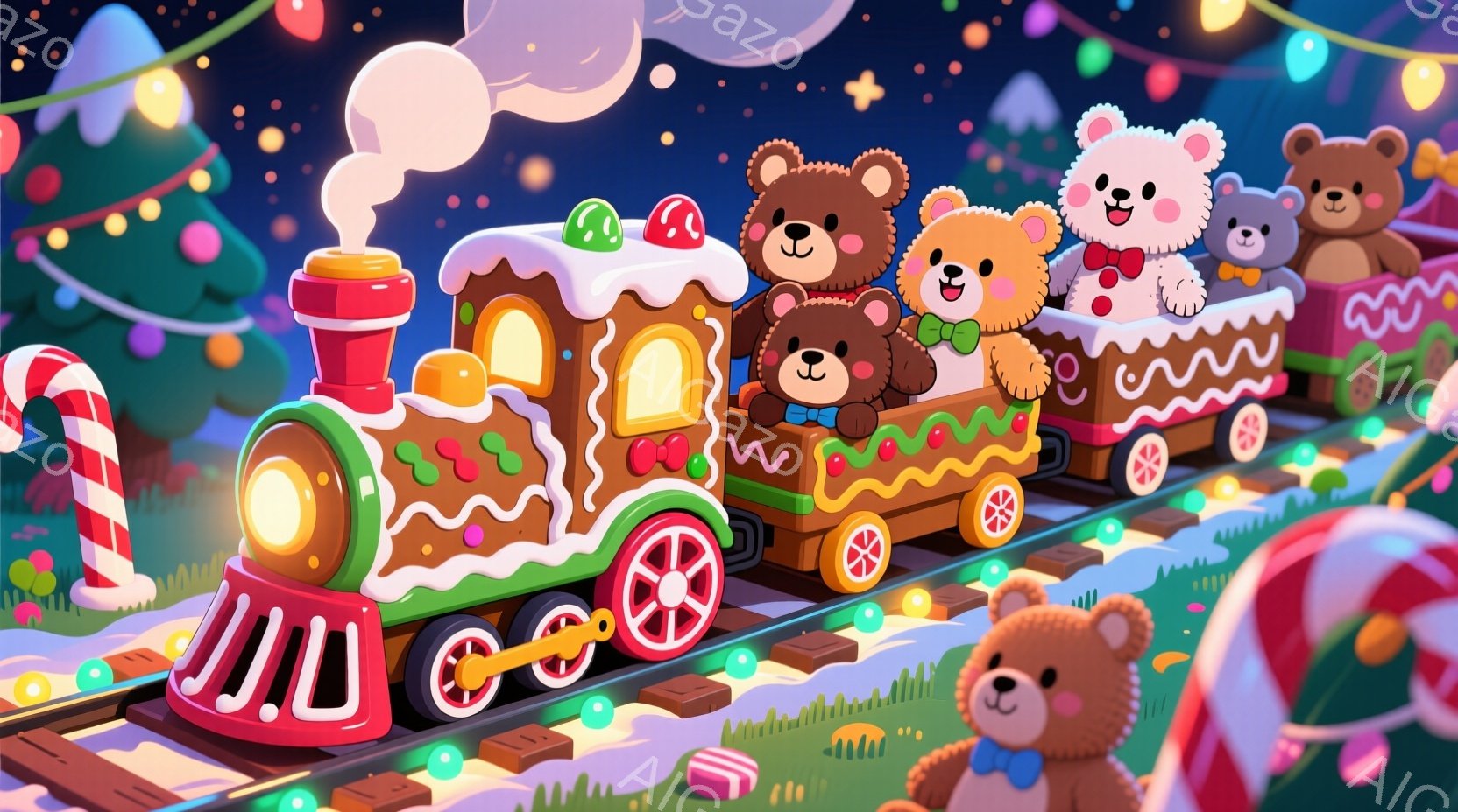 暖炉で作られたような列車が雪景色の中を走っており、可愛らしいクマのぬいぐるみたちが乗客として描かれています。クマたちはそれぞれ異なる色の服を着ており、楽しそうな表情をしています。背景にはキャンディケイ - AI生成フリー素材
