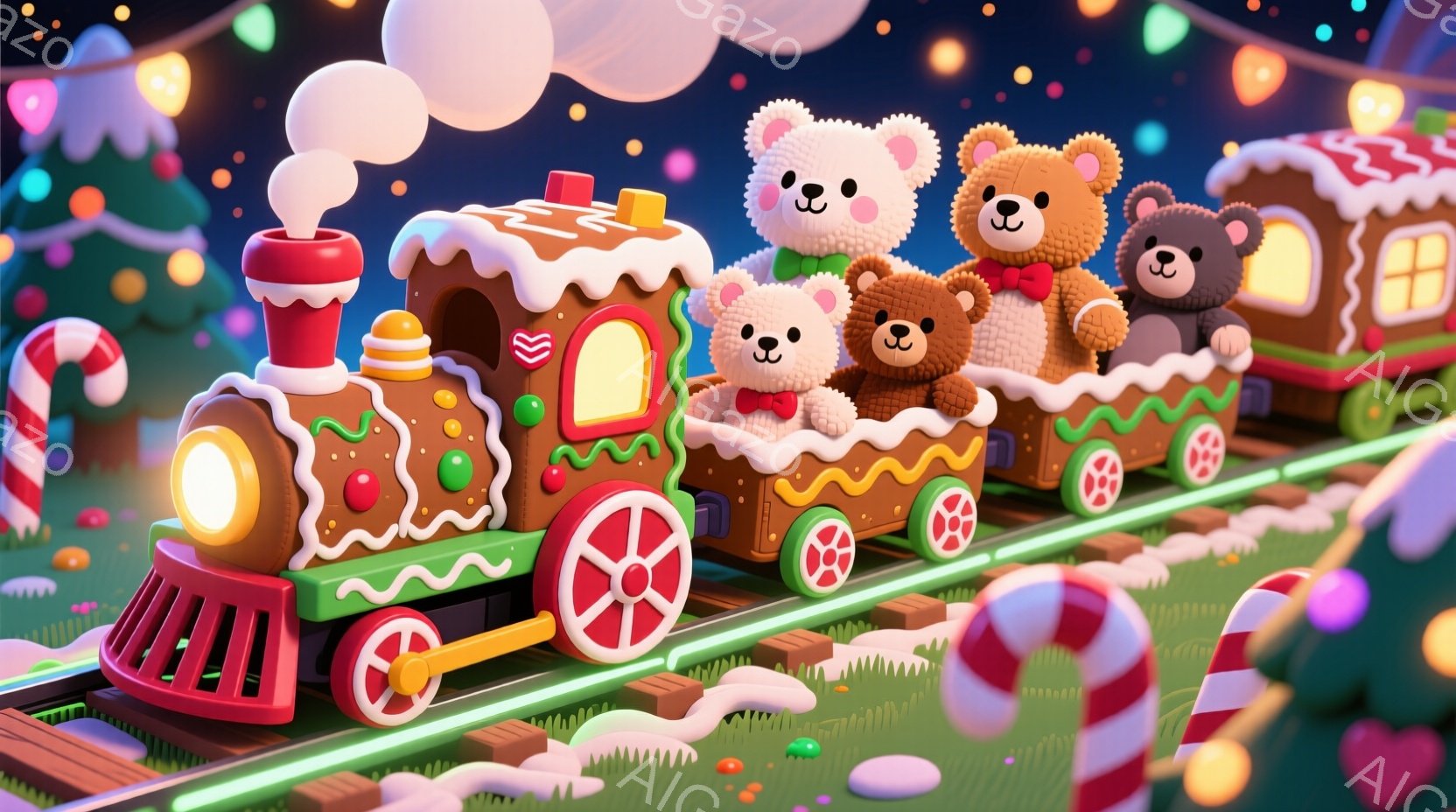 暖かく楽しい雰囲気の画像で、お菓子の家のような列車が描かれています。列車には、それぞれ異なる色のリボンをつけた可愛らしいクマたちが乗り、幸せそうな表情をしています。背景にはキャンディケーンや雪景色が見 - AI生成フリー素材