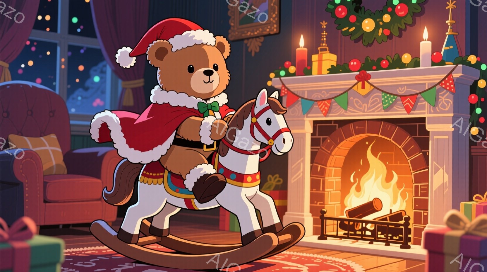 温かい光に包まれた室内には、赤いサンタの帽子とマントを身につけたテディベアが木馬に乗って微笑んでいます。暖炉の炎が室内に暖かさを添え、背景にはプレゼントボックスや装飾されたクリスマスツリーが見えます。 - AI生成フリー素材