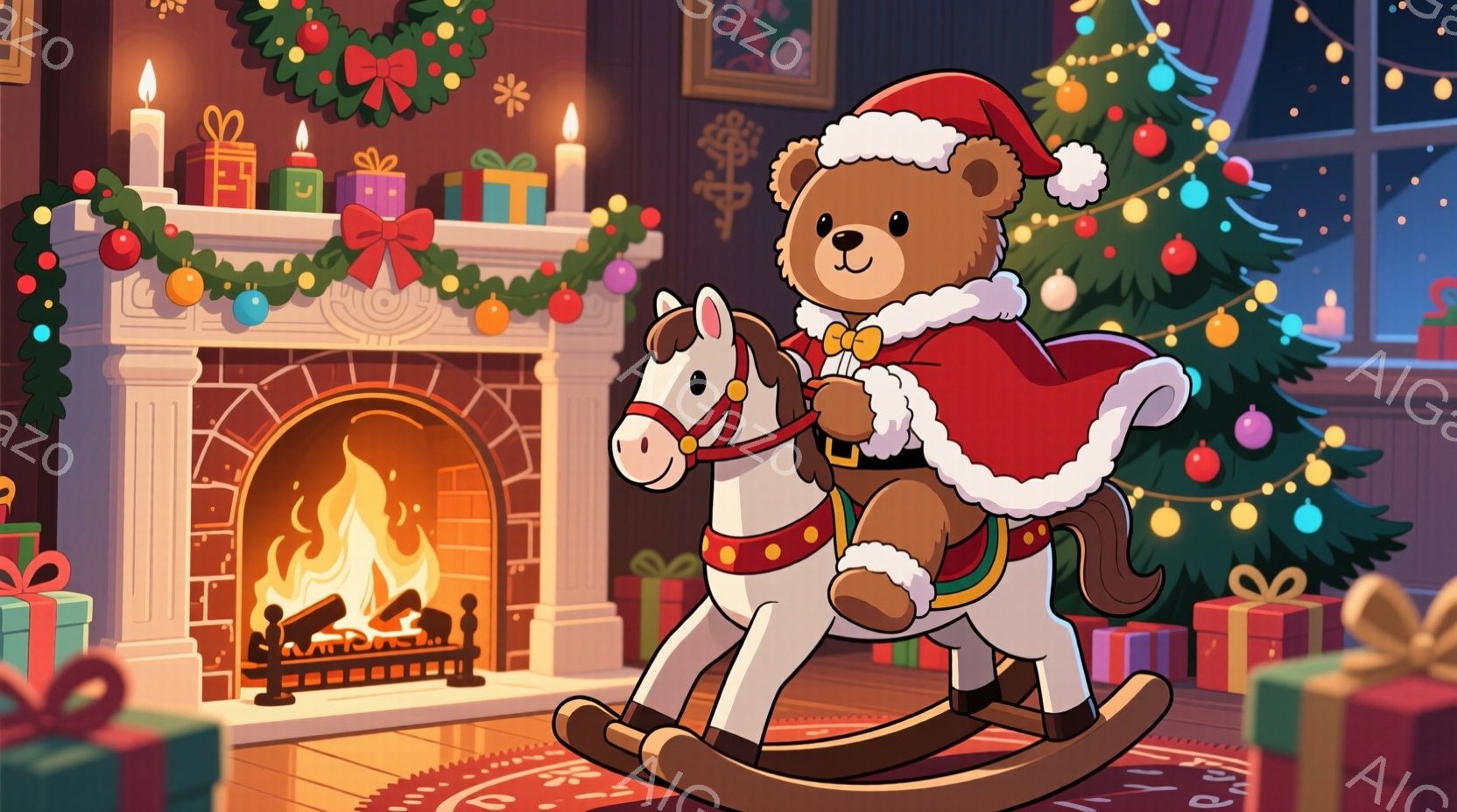 大きな宝箱からテディベアが顔を出しており、赤いサンタ帽と赤いリボンをつけている。背景には、様々なカラフルなプレゼントの箱が散らばっており、お祝いの雰囲気が漂っている。全体的に暖かく、楽しいクリスマスの雰囲気を表現している。
