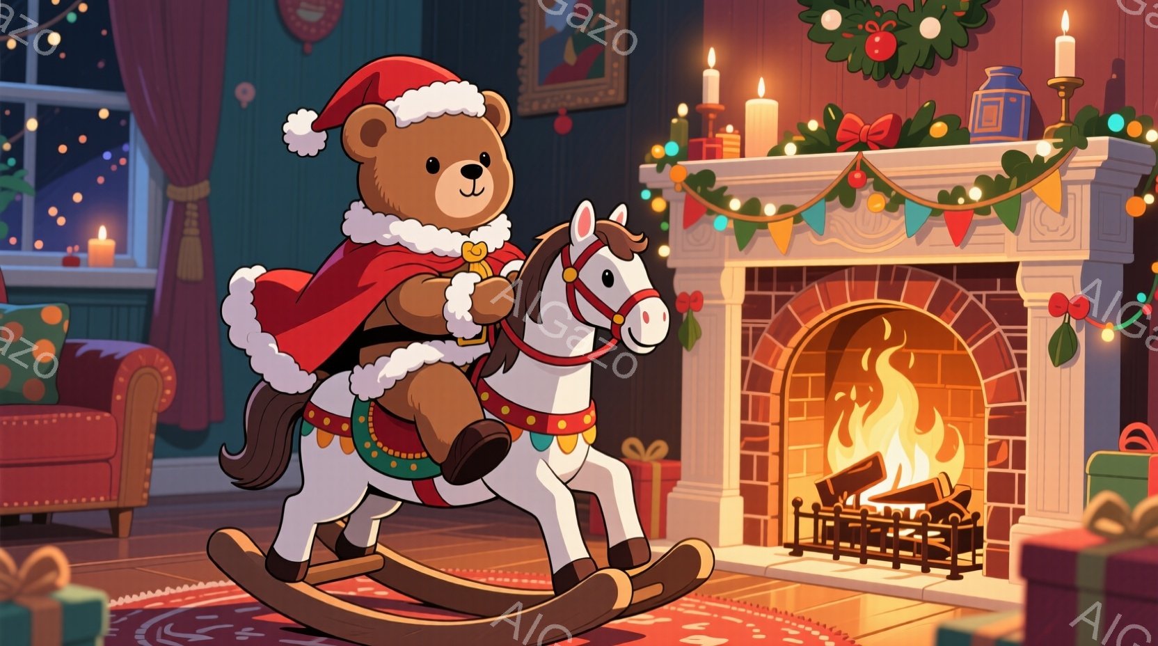 暖炉の前で、サンタの帽子をかぶったテディベアがロッキングホースに乗って楽しそうにしています。背景には、クリスマスツリーやプレゼント、そして温かい光が灯る暖炉があり、クリスマスの温かい雰囲気を醸し出して - AI生成フリー素材