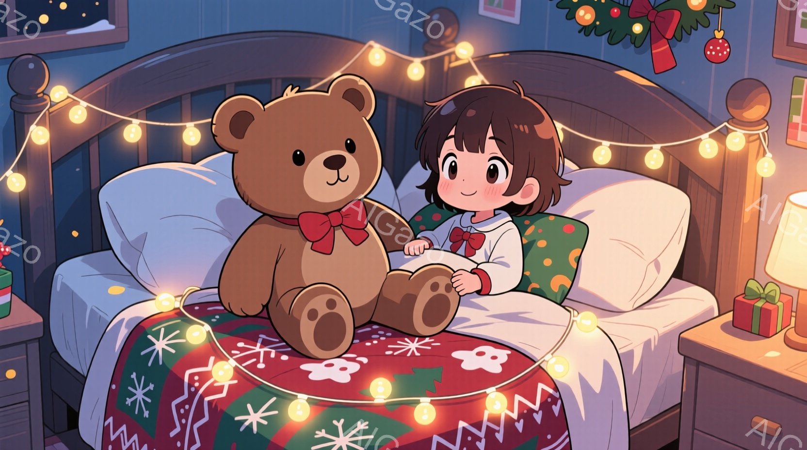 茶色の巻き毛の少女がベッドに座り、赤いリボンをつけた大きなテディベアを抱きかかえています。彼女は赤いパジャマを着ており、頬を赤らめ、幸せそうな表情をしています。背景には、クリスマスツリー、プレゼント、そしてベッド周囲を飾る温かい光のイルミネーションがあり、暖かく居心地の良いクリスマスの雰囲気を作り出しています。
