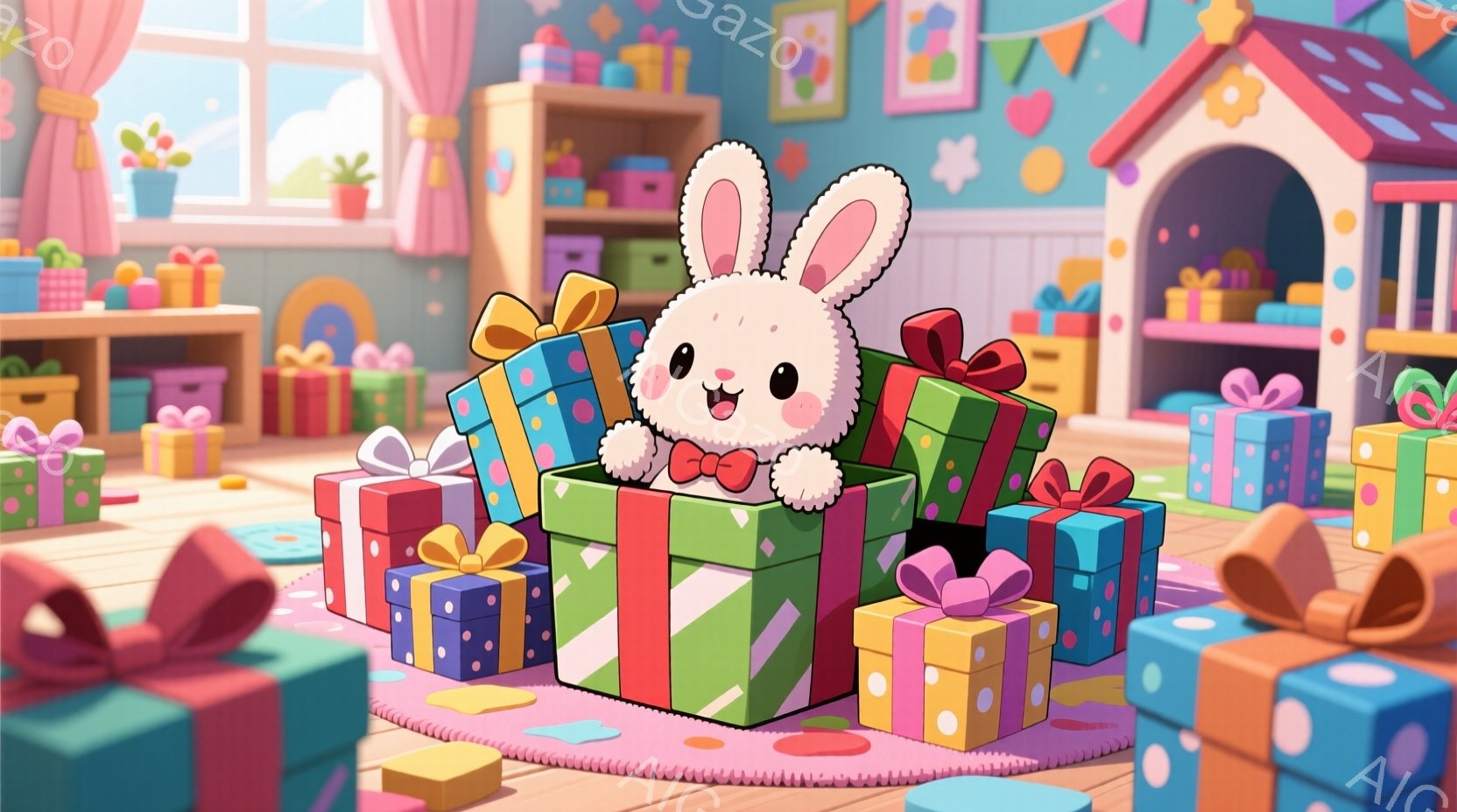 白い子ウサギがカラフルなプレゼントの山から顔を出し、赤いリボンをつけています。背景にはピンクと水色のストライプの壁、おもちゃや本が並んだ棚、そして丸い形のラグが見え、明るく楽しい雰囲気が漂っています。全体的にパステルカラーで統一され、子供部屋のような可愛らしい空間が表現されています。