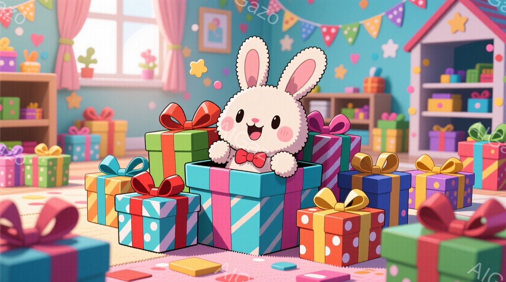 白いウサギが、カラフルなプレゼントの山から顔を出しています。ウサギは赤いリボンをつけており、満面の笑みを浮かべています。背景には、ピンクと水色のストライプの壁、星やハートの装飾、そしておもちゃや積み木が散らばる、お祝いムード満点の部屋が広がっています。