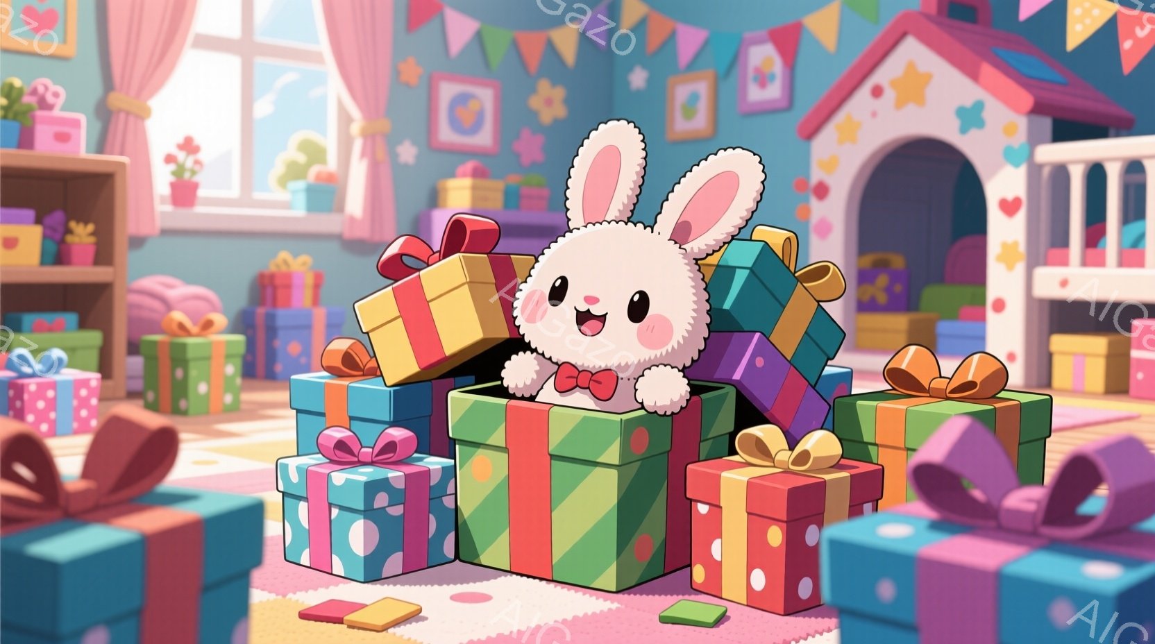 白いウサギがカラフルなプレゼントの山に埋もれて座っています。ウサギは赤いリボンをつけており、嬉しそうな笑顔を浮かべています。背景には、明るいピンク、緑、青のパステルカラーで装飾された子供部屋が広がって - AI生成フリー素材