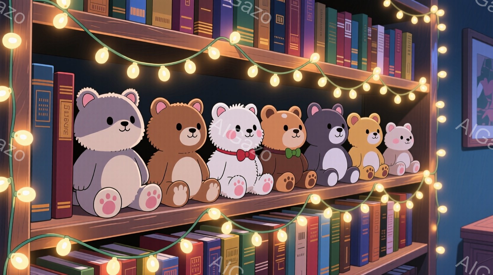本棚に並んだ様々な色のテディベアが描かれています。テディベアたちは皆、前足を前に出して座っており、可愛らしい表情をしています。背景にはカラフルな本が並び、本棚全体が温かい色のライトで飾られ、心地よい雰囲気を醸し出しています。