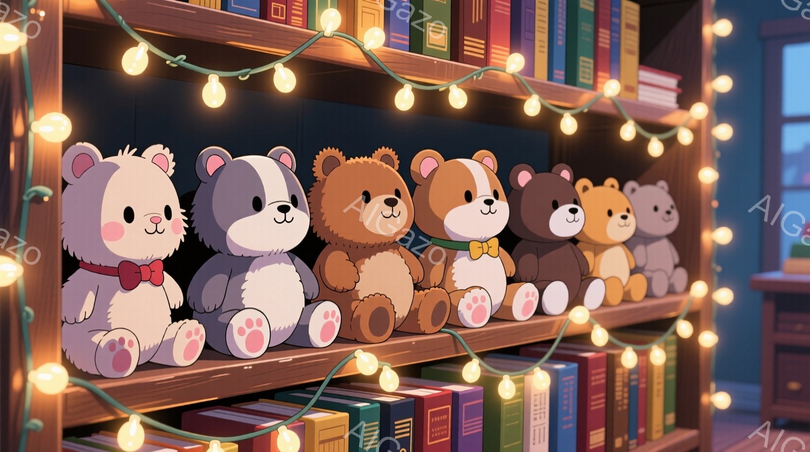 本棚に並んだ様々な色のテディベアたちが、可愛らしい表情でこちらを見ている。それぞれのクマは異なる色の毛並みと、小さな赤いリボンをつけており、整然と並んだ本と暖色のイルミネーションライトが、温かく優しい - AI生成フリー素材