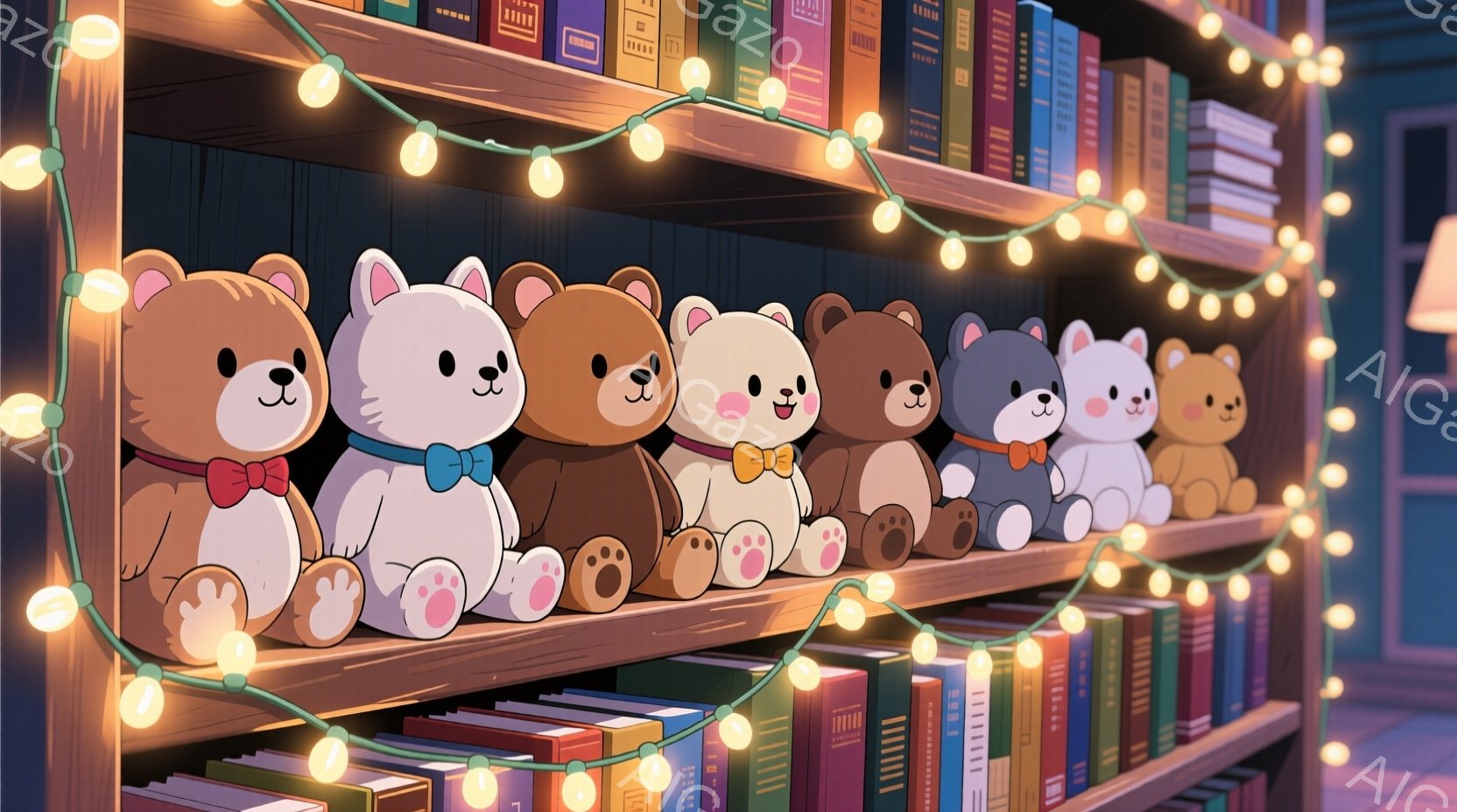 本棚の上に、様々な色の可愛らしいクマのぬいぐるみが一列に並んでいます。それぞれ異なる色の首輪やリボンをつけており、穏やかな表情でこちらを見ています。背景にはたくさんの本が並び、温かい光のイルミネーショ - AI生成フリー素材