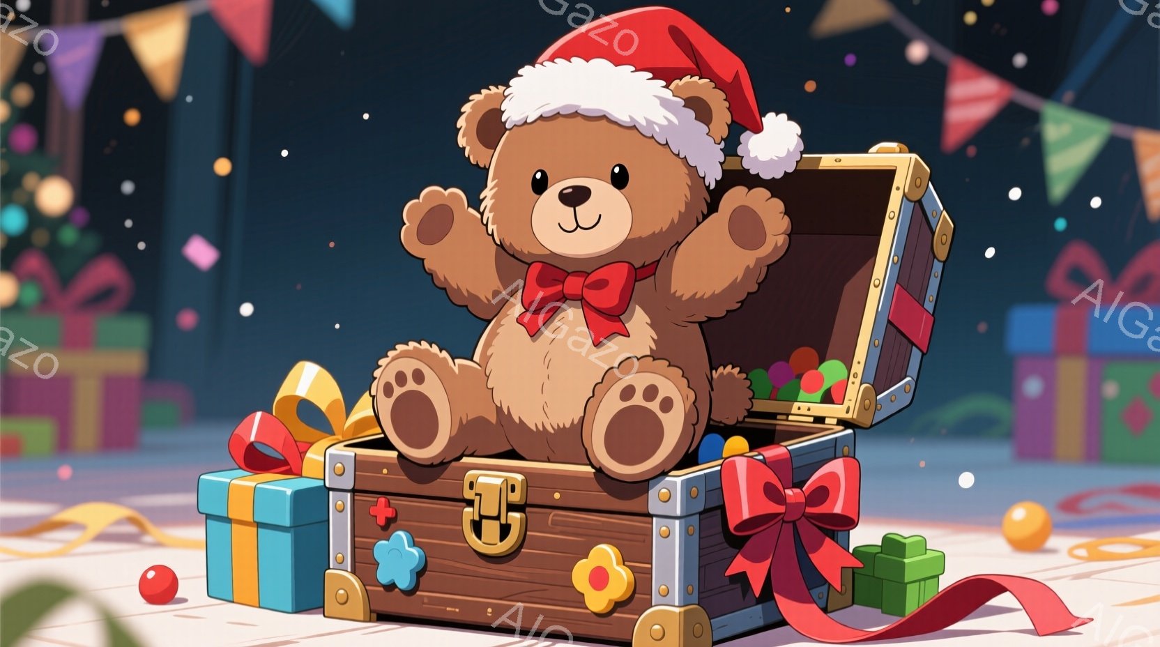 暖炉から飛び出したような、かわいらしいテディベアが、開いた宝箱の中から顔を覗かせています。赤いサンタの帽子と赤いリボンで飾られ、楽しそうな表情をしています。背景には、カラフルなプレゼントや飾り付けがあり、お祝いの雰囲気が漂っています。