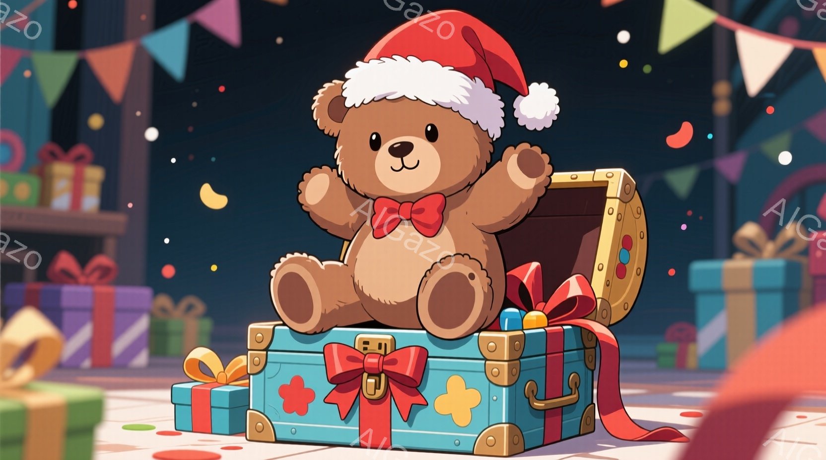 ぬいぐるみはクリスマスの帽子と赤い蝶ネクタイを身に着けて、開いた宝箱の上に座っています。背景には、色とりどりのプレゼントや飾り付けが散りばめられており、お祝いの雰囲気が漂っています。全体的に暖かく、可愛らしいクリスマスのイラストです。