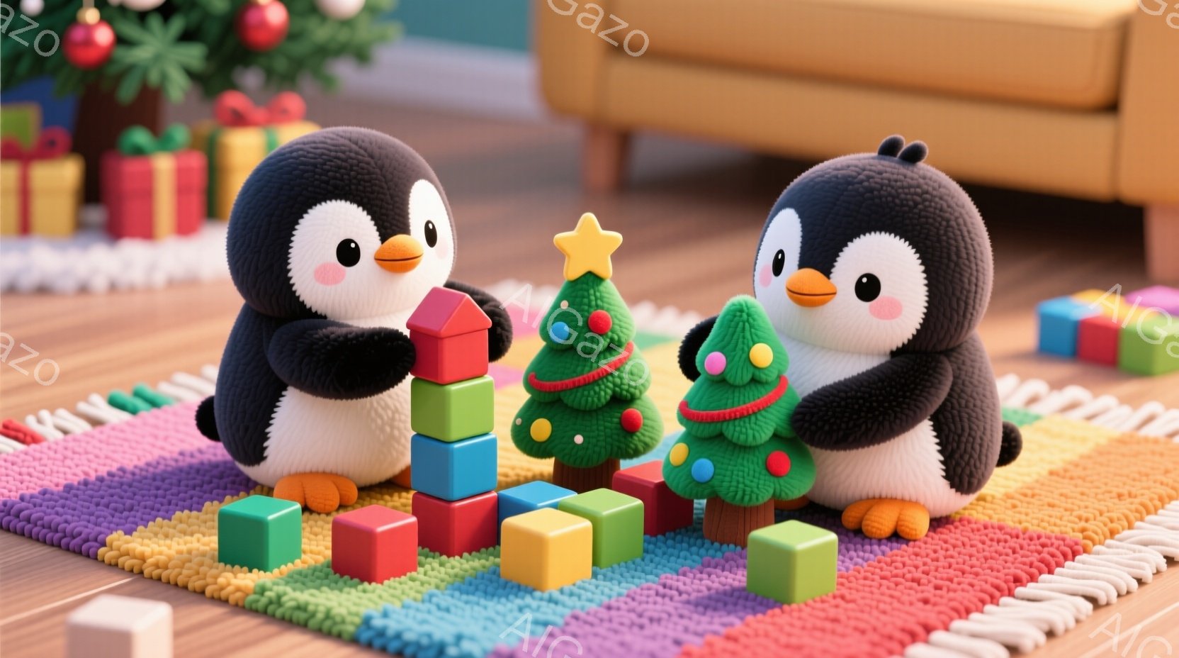 可愛らしいペンギンの2羽が、カラフルなブロックで遊んでいます。片方のペンギンはブロックの塔を積み上げ、もう片方のペンギンは小さなクリスマスツリーのようなブロックのおもちゃを飾っています。背景には、木製の床、色とりどりのラグ、そしてクリスマスツリーとプレゼントが見え、全体的に温かく楽しい雰囲気が漂っています。