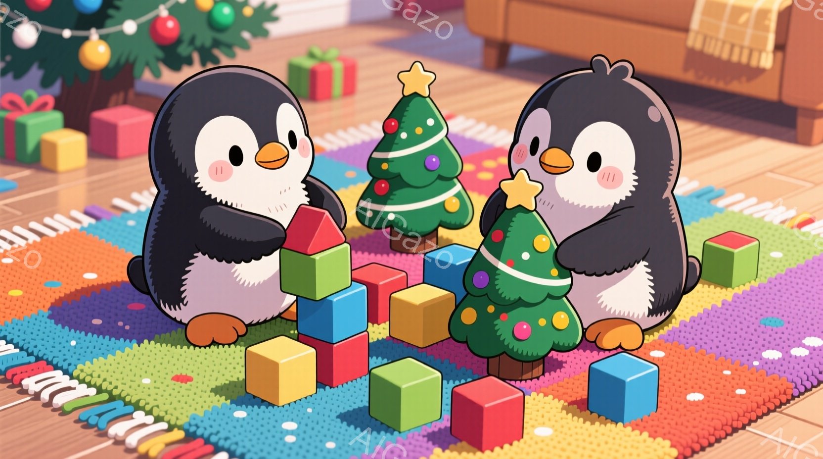 2羽のペンギンがカラフルな積み木で遊んでいます。ペンギンたちは丸い頬が赤く、幸せそうに積み木を積み重ねています。背景にはクリスマスツリーとプレゼント、そして明るい色のラグが広がり、温かく楽しい雰囲気を - AI生成フリー素材