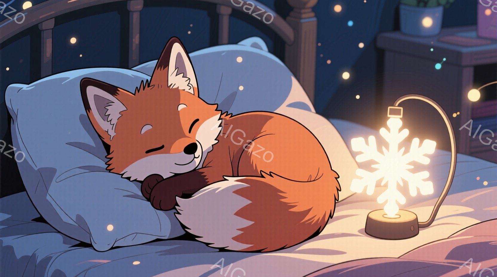 オレンジ色のキツネがふわふわの白い枕の上で丸まって眠っています。キツネは目を閉じており、穏やかな表情をしています。背景にはベッドサイドテーブルと、雪の結晶型のライトが暖かく光っており、全体的に安らかで - AI生成フリー素材