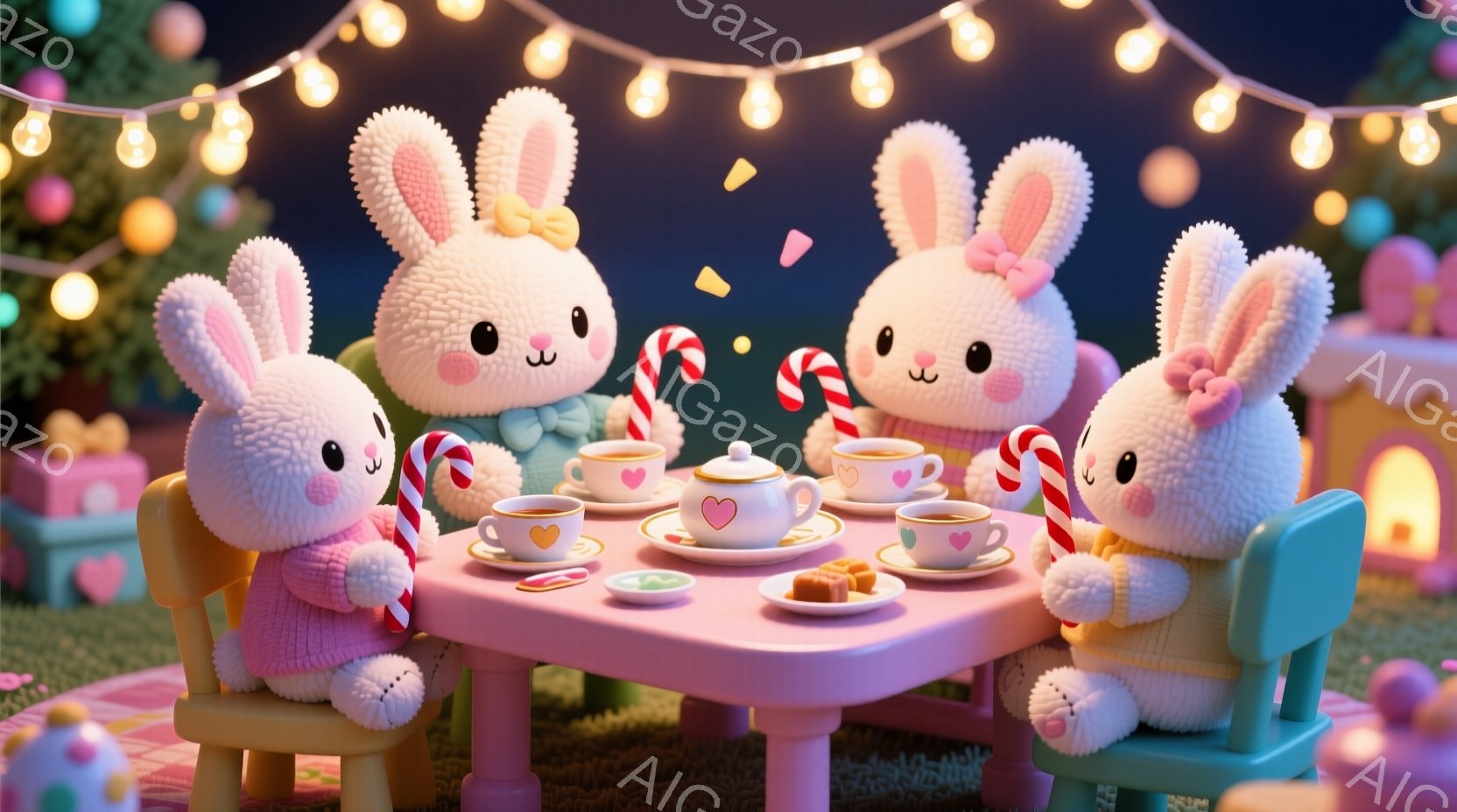 ふわふわの白いウサギたちが、ピンク色のセーターを着て、小さなテーブルを囲んでティーパーティーを楽しんでいます。テーブルの上には、ティーカップ、お菓子、キャンディケーンが置かれ、ウサギたちはそれぞれキャンディケーンをくわえたり、ティーカップを手に持っていたりしています。背景には、可愛らしい家や木々、そしてキラキラと輝くイルミネーションが広がり、温かく幻想的な雰囲気を醸し出しています。
