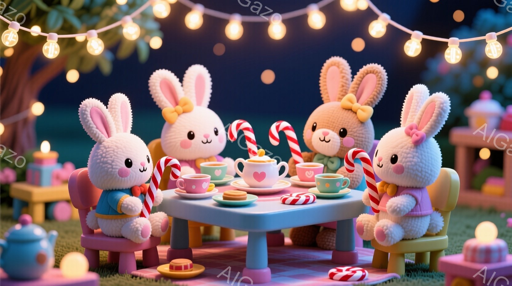 ふわふわの毛並みを持つウサギたちが、ピンク色のテーブルを囲んでティーパーティーを楽しんでいます。それぞれ赤い縞模様のキャンディケーンを持っており、可愛らしい表情でティーカップを手にしています。背景には緑の芝生と木々、そしてぼんやりとした照明が灯り、暖かく幻想的な雰囲気を醸し出しています。