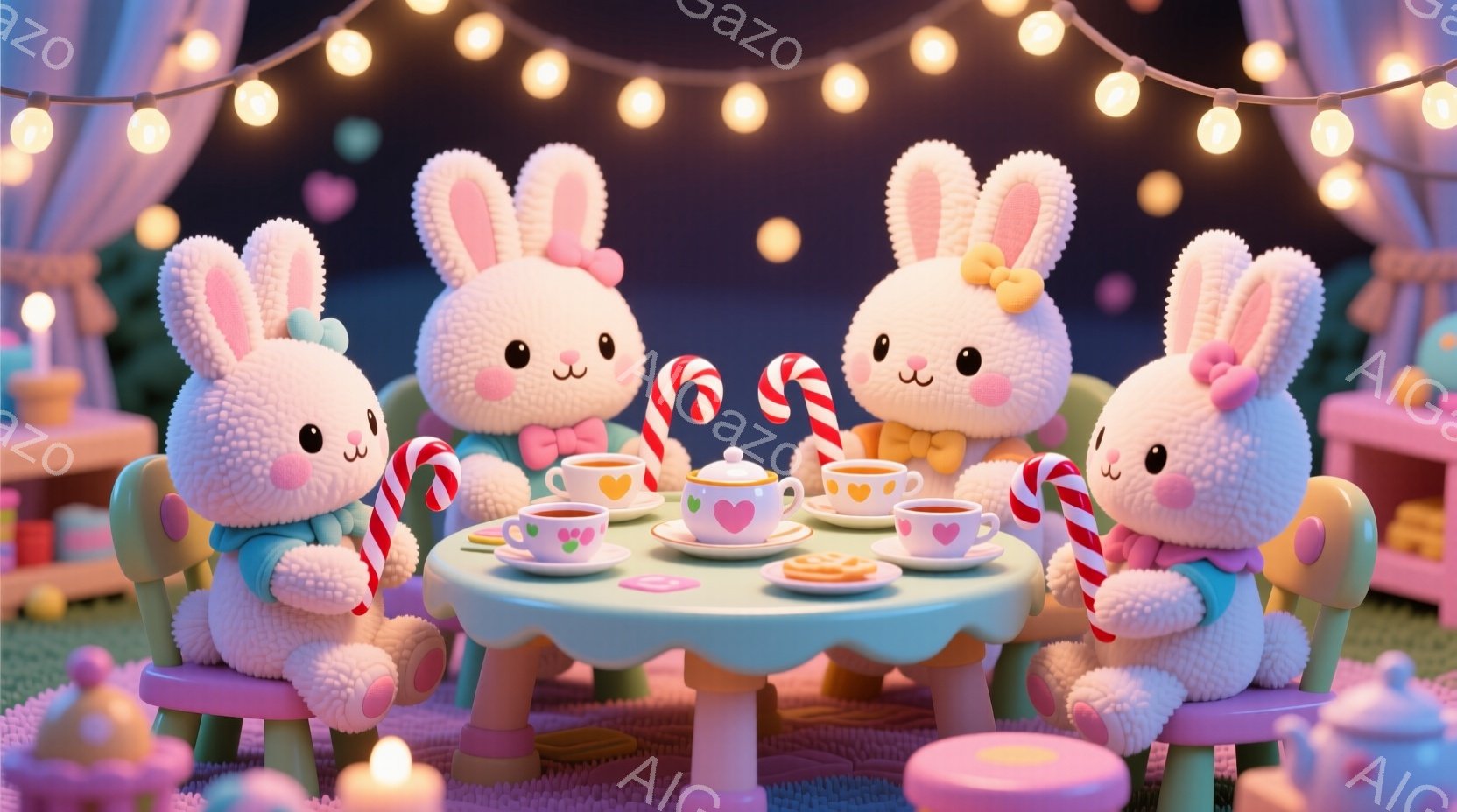 ふわふわの白いウサギたちが、パステルカラーのテーブルを囲んでティーパーティーを楽しんでいます。それぞれのウサギは赤いリボンとキャンディケーンを持っており、可愛らしい表情をしています。背景には芝生が広がり、カラフルな電飾が飾られ、全体的に夢のような、温かい雰囲気が漂っています。