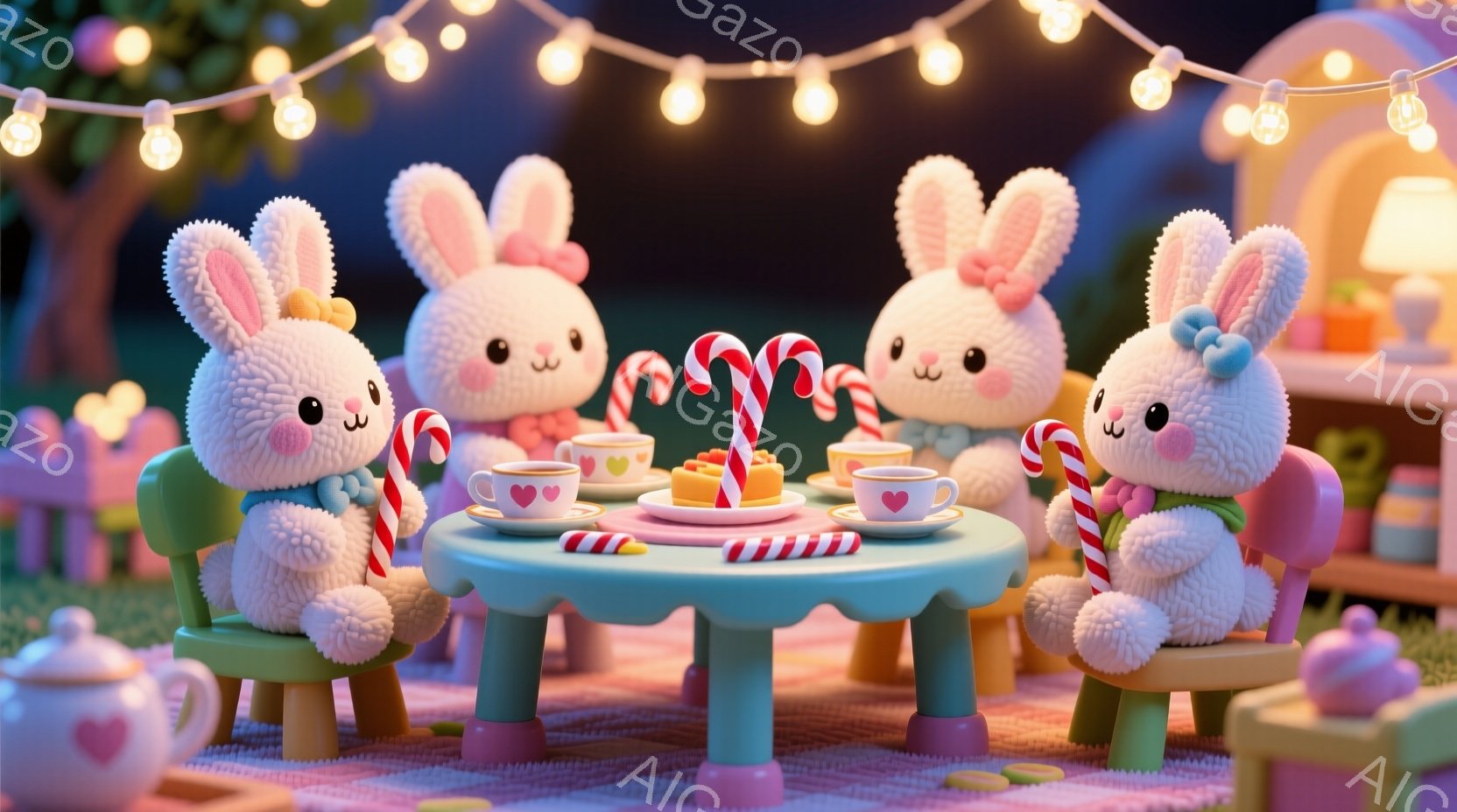 白いふわふわのウサギたちが、パステルカラーのテーブルを囲んでお茶会を楽しんでいます。ウサギたちはピンクのリボンをつけており、それぞれキャンディケーンを持っています。背景には、ランプが飾られた木々と、可愛らしいキャンピングカーが見え、温かく幻想的な雰囲気を醸し出しています。