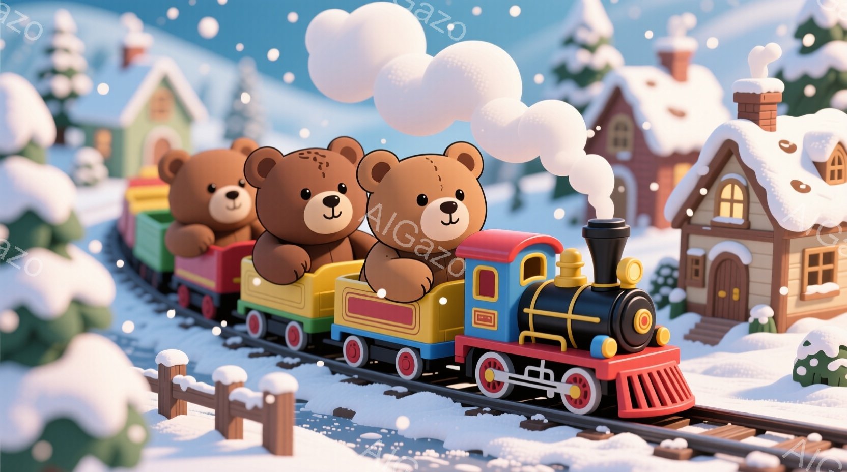 カラフルな汽車に乗った3匹のテディベアが描かれています。彼らは皆笑顔で、楽しそうに汽車に乗っています。背景には雪景色の中に可愛らしい家々が並び、雪が舞う冬の暖かく幻想的な雰囲気を醸し出しています。