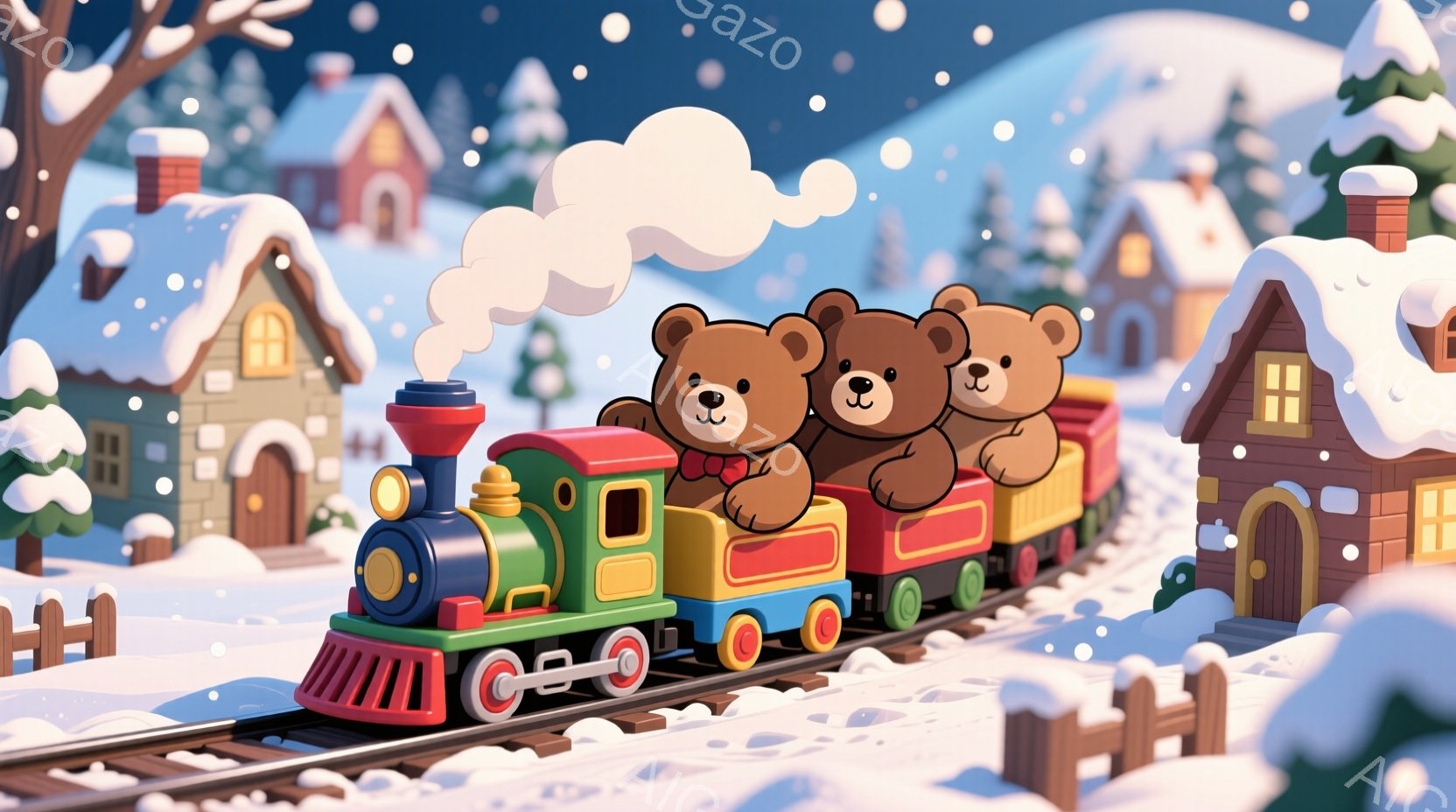 雪景色の中に、カラフルな列車が走っています。列車には３匹の茶色いクマが乗っており、皆笑顔で楽しそうにしています。背景には雪を頂いた可愛らしい家々が並び、冬の暖かい雰囲気が漂っています。