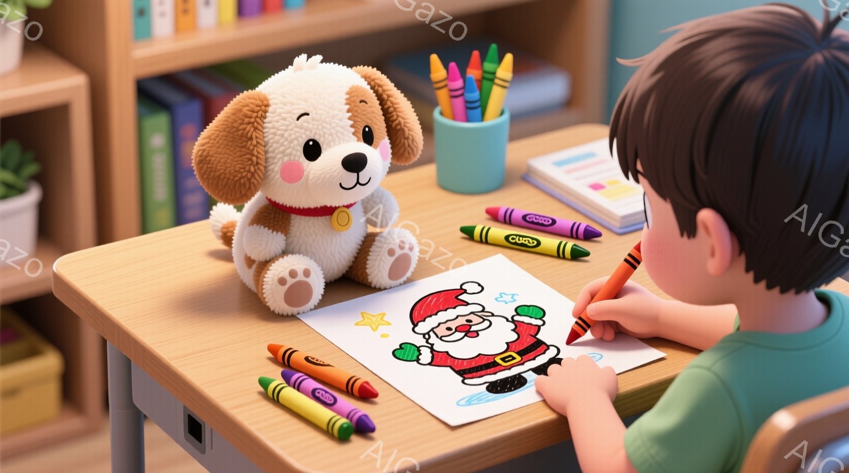 小さな少年が、クリスマスの塗り絵に集中して色を塗っています。彼は緑色の半袖シャツを着ており、後ろにはふわふわの犬のぬいぐるみが座っています。背景には本棚と色鉛筆があり、暖かく明るい雰囲気の室内で、創造的な時間を過ごしている様子が伺えます。