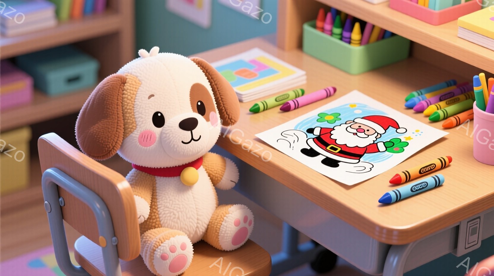 ふわふわの茶色い子犬のぬいぐるみは、子供用のテーブルと椅子に座って、サンタクロースの塗り絵に集中しています。背景には、カラフルなクレヨン、積み木、本が置かれ、明るく楽しい雰囲気を醸し出しています。暖色系の照明と鮮やかな色彩が、暖かく遊び心のある空間を作り出しています。