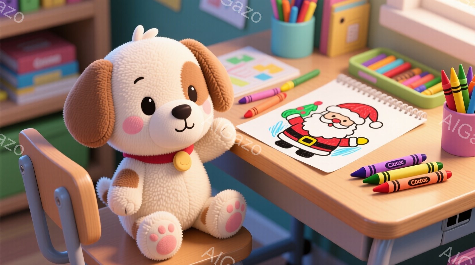 ぬいぐるみの子犬が椅子に座り、塗り絵が置かれた机の前にいます。子犬は茶色と白の毛並みで、赤い首輪をつけており、少し頬を赤らめています。背景には、色鉛筆が並んだペン立てや、積み重ねられた本があり、温かく穏やかな雰囲気を醸し出しています。