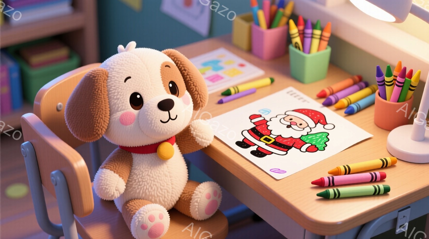 ぬいぐるみの子犬が小さな椅子に座っており、鮮やかな色の塗り絵の前に置かれたテーブルの横にいます。テーブルの上には、カラフルなクレヨンが立てられた緑色のホルダーがあり、一部のクレヨンはテーブルに転がっています。背景には、色とりどりの積み重ねられた箱や、暖かく柔らかい光を放つテーブルランプが見え、子供部屋の雰囲気が漂っています。