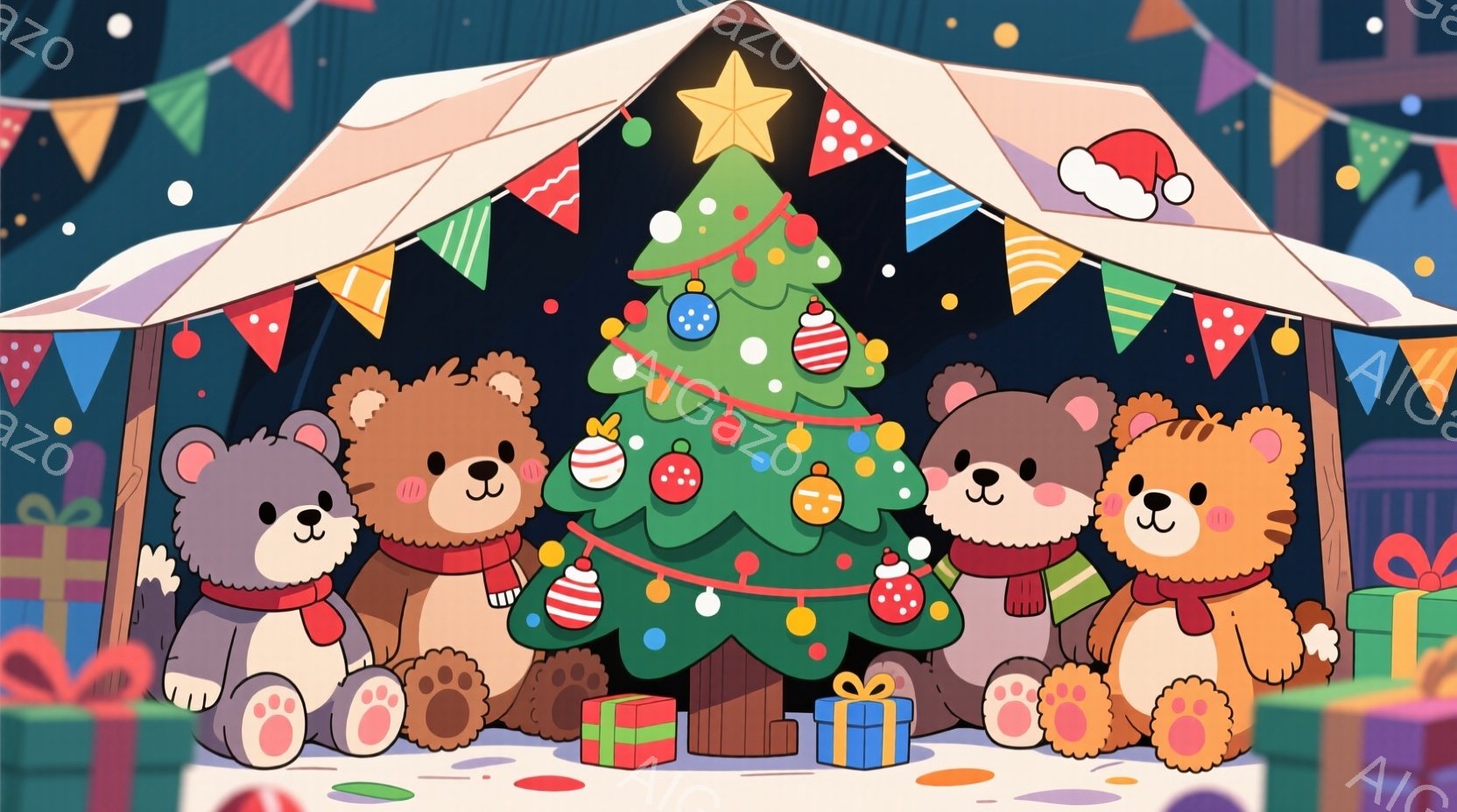 クリスマスツリーを囲んで４匹のテディベアが描かれています。それぞれのクマは異なる色の毛並みと、赤いマフラーを巻いており、幸せそうな表情をしています。背景にはプレゼントの山とカラフルな旗が飾られ、暖かく - AI生成フリー素材