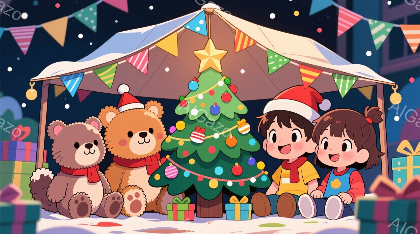 クリスマスツリーを囲んで、少年と少女が座っています。少年は赤い帽子とオレンジ色のセーターを着て、笑顔で前を見つめています。少女は茶色の髪をポニーテールにしており、赤いセーターを着て、喜びにあふれた表情 - AI生成フリー素材