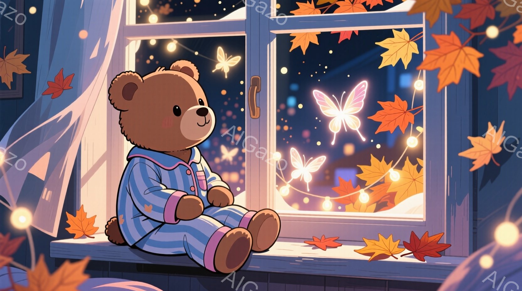 茶色のテディベアが窓際に座っており、パステルブルーのパジャマを着ています。背景には夜空、街の明かり、そして舞い散る紅葉と光るガーランドが見え、幻想的な雰囲気を醸し出しています。ベアは少し物憂げな表情で - AI生成フリー素材