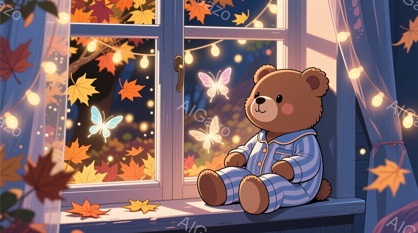 温かい色合いのテディベアが、ストライプのパジャマを着て窓枠に座っています。背景には、赤や黄色の落ち葉と、ぼんやりと光る電飾があり、夜の穏やかな秋の雰囲気を醸し出しています。ベアは少し微笑んでおり、穏や - AI生成フリー素材