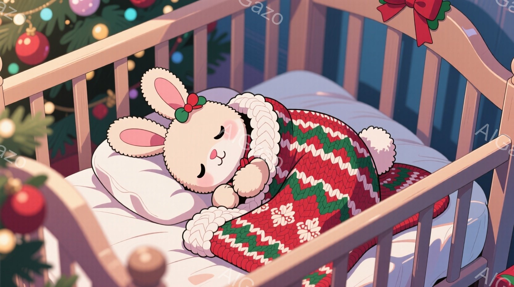白いウサギの赤ちゃんが、緑と赤のケーブルニット模様の毛布にくるまってベビーベッドの中で眠っています。頭には赤いリボンとポンポンが付いた帽子をかぶり、穏やかな表情で目を閉じています。背景にはクリスマスツリーの飾りが見え、全体的に暖かく、穏やかなクリスマスの雰囲気が漂っています。