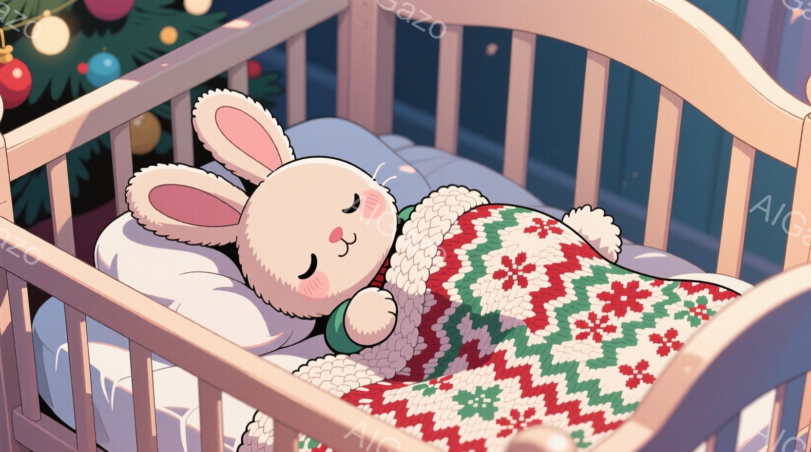 柔らかいピンク色のウサギが、クリーム色のベビーベッドの中で眠っています。赤いクリスマス柄のニットブランケットに包まれ、穏やかな表情をしています。背景にはぼやけたクリスマスツリーが見え、温かく、安らかな雰囲気を醸し出しています。
