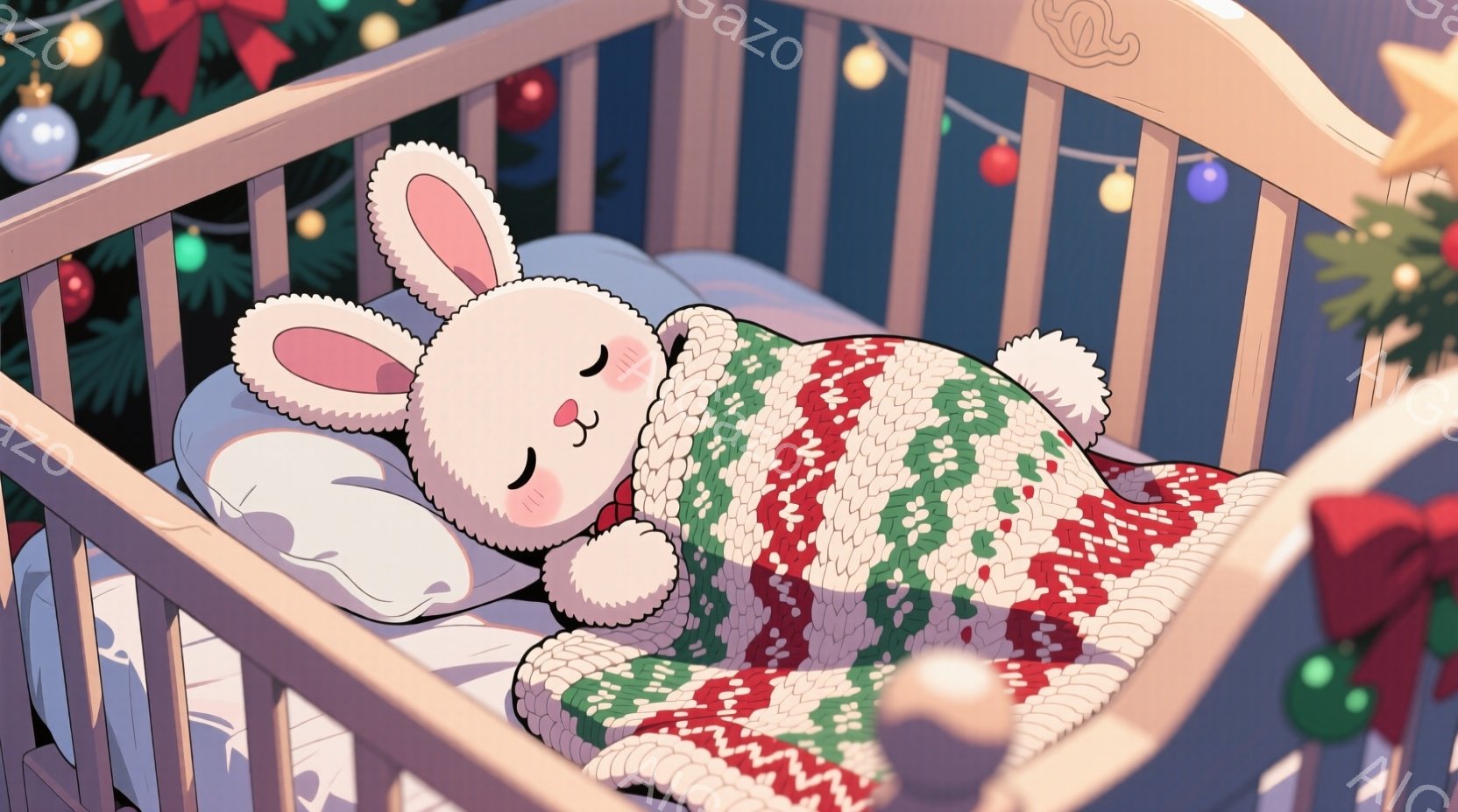 白いウサギが小さなベッドの中で眠っています。赤い模様が入った緑色のニットの毛布に包まれ、頬はほんのり赤く染まっています。背景にはクリスマスツリーやオーナメントが見え、温かく穏やかなクリスマスの雰囲気が - AI生成フリー素材