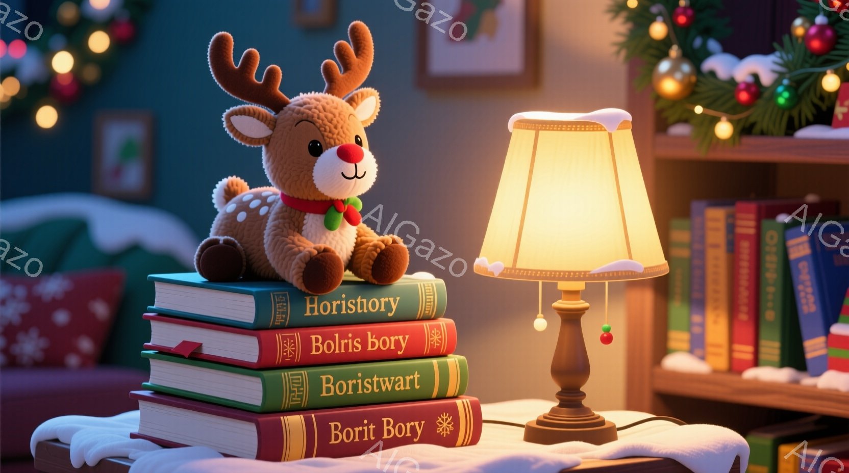 積み重ねられた本の上に、愛らしいトナカイのぬいぐるみが座っています。背景には、クリスマスツリーの温かい光と、本棚が並び、居心地の良い暖炉の光が差し込んでいます。全体的に、暖かい色彩と柔らかな光が、クリスマスの静かで穏やかな雰囲気を醸し出しています。