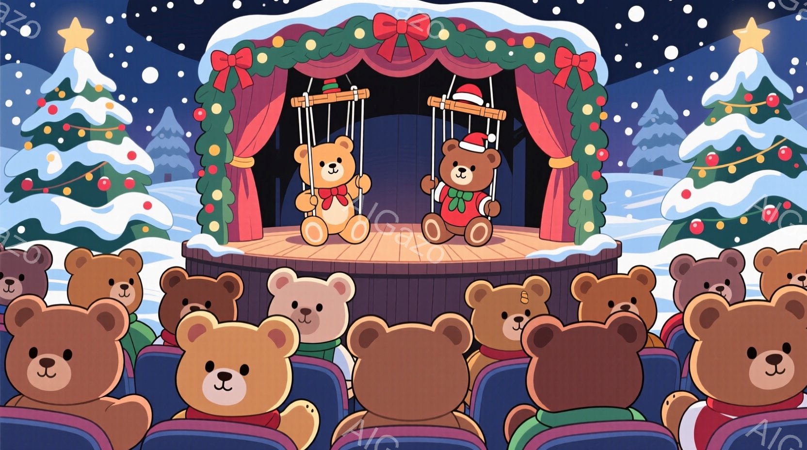 多くのクマのぬいぐるみたちが劇場に座っており、舞台上には別のクマのぬいぐるみが操り人形のように吊り下げられています。背景にはクリスマスツリーが立ち並び、雪が舞う冬の夜を思わせる雰囲気です。全体的に暖かく、お祭り騒ぎのような楽しげな雰囲気が漂っています。