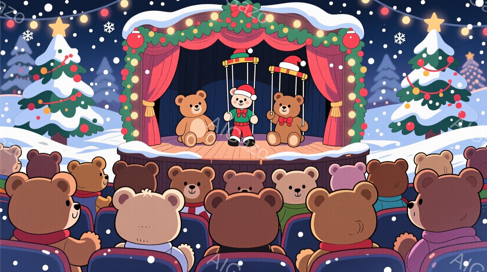 舞台の上には、赤い帽子とセーターを着たクマのぬいぐるみが立っており、笑顔で観客を見ている。観客席には、様々な表情をしたクマのぬいぐるみが座っており、舞台を見つめている。背景には雪が降る夜空と、クリスマスツリーが配置され、暖かいお祭りやイベントの雰囲気を醸し出している。